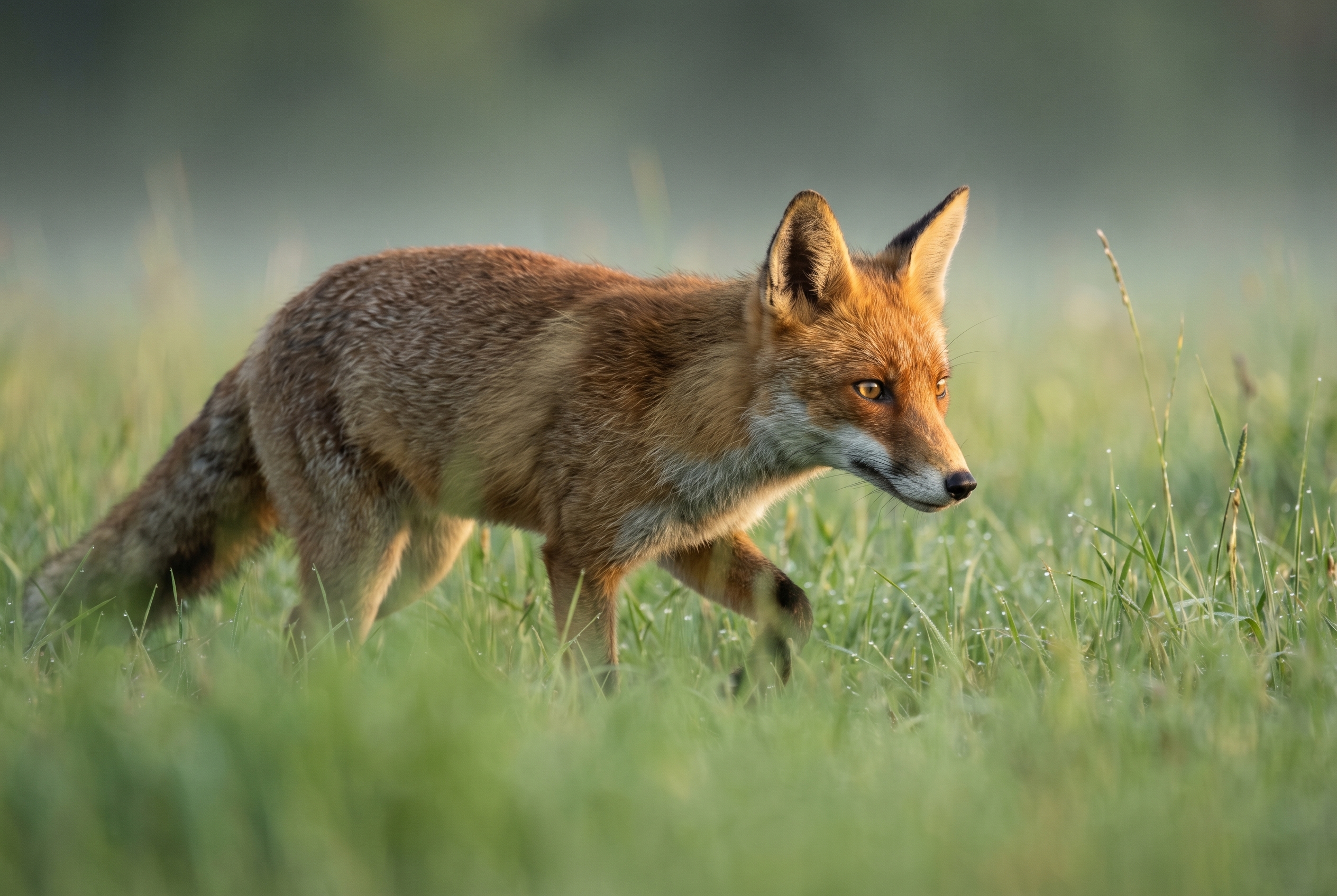 Renard roux trottant dans une prairie matinale avec rosée, illustration pour apprendre à photographier des animaux sauvages.