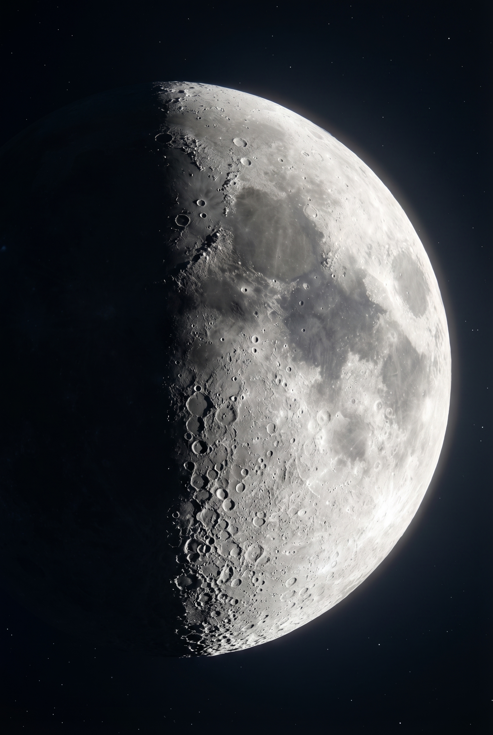 Gros plan net de la lune en premier quartier montrant les cratères et le relief lunaire pour illustrer comment photographier la lune.