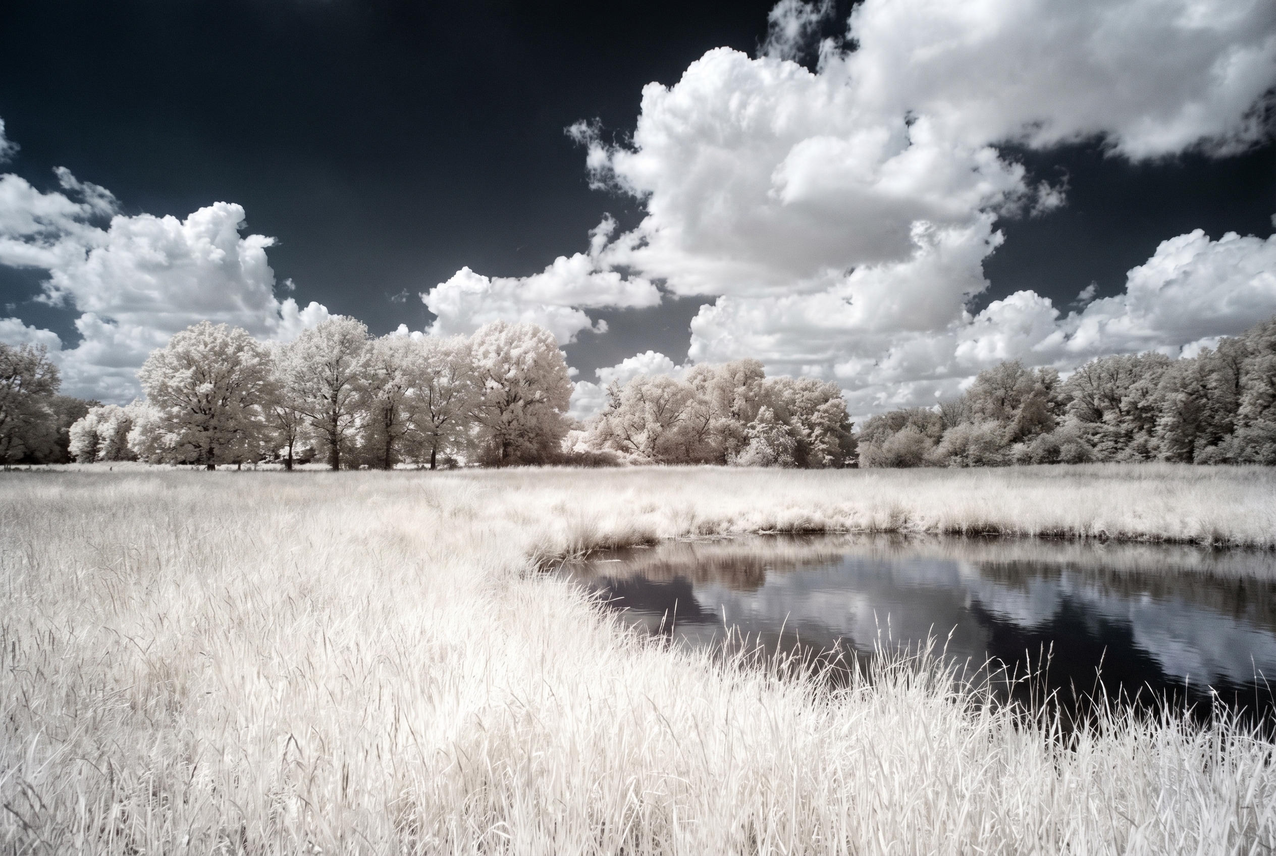 Photographie infrarouge d'un paysage d'été montrant une prairie et des arbres au feuillage blanc éclatant sous un ciel noir profond.