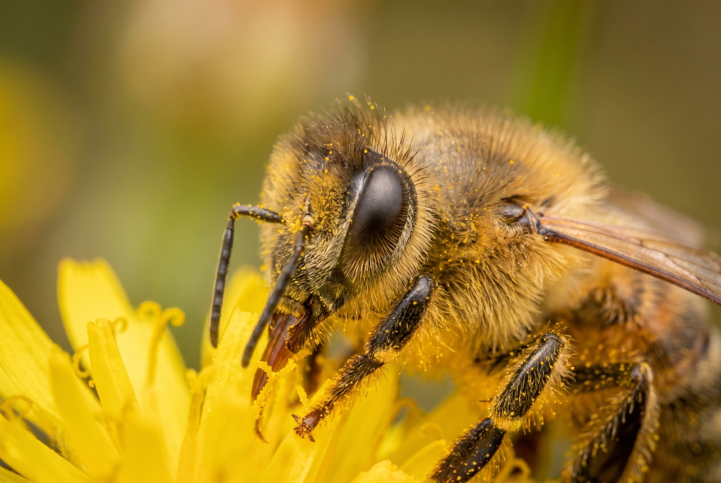 Gros plan détaillé d'une abeille couverte de pollen sur une fleur jaune, illustrant la netteté obtenue avec une bonnette macro.