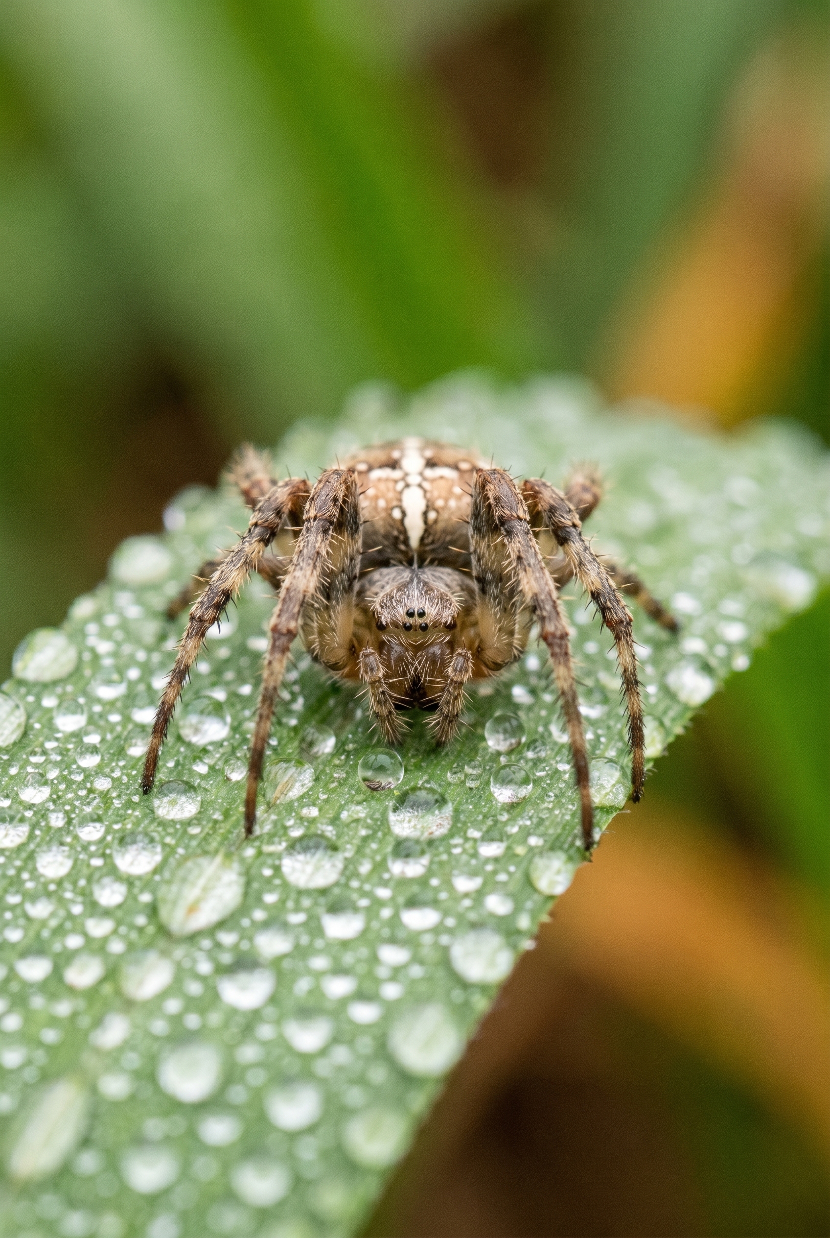 Gros plan détaillé d'une araignée épeire diadème sur une feuille avec rosée, illustrant les capacités d'une bonnette macro.