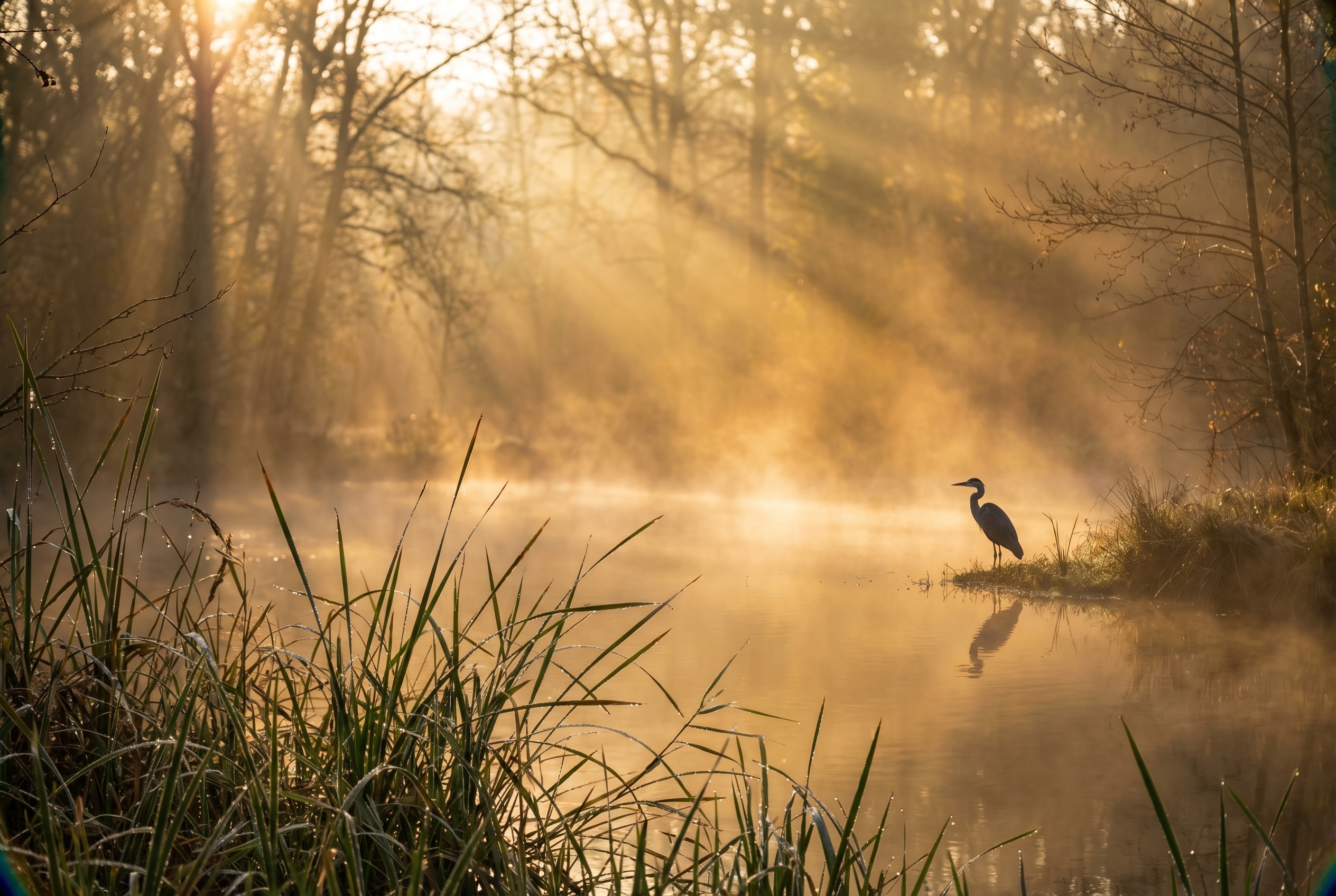 Golden-hour : comment (bien) la photographier 15 Un héron cendré en silhouette au bord d'un étang brumeux en forêt, éclairé par les rayons de soleil de l'heure dorée.