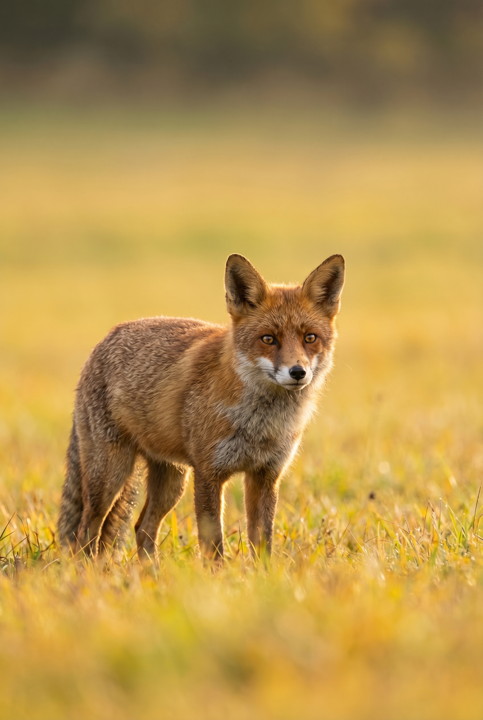Un renard roux aux aguets dans une prairie dorée en automne, illustrant comment photographier des animaux avec un flou d'arrière-plan.