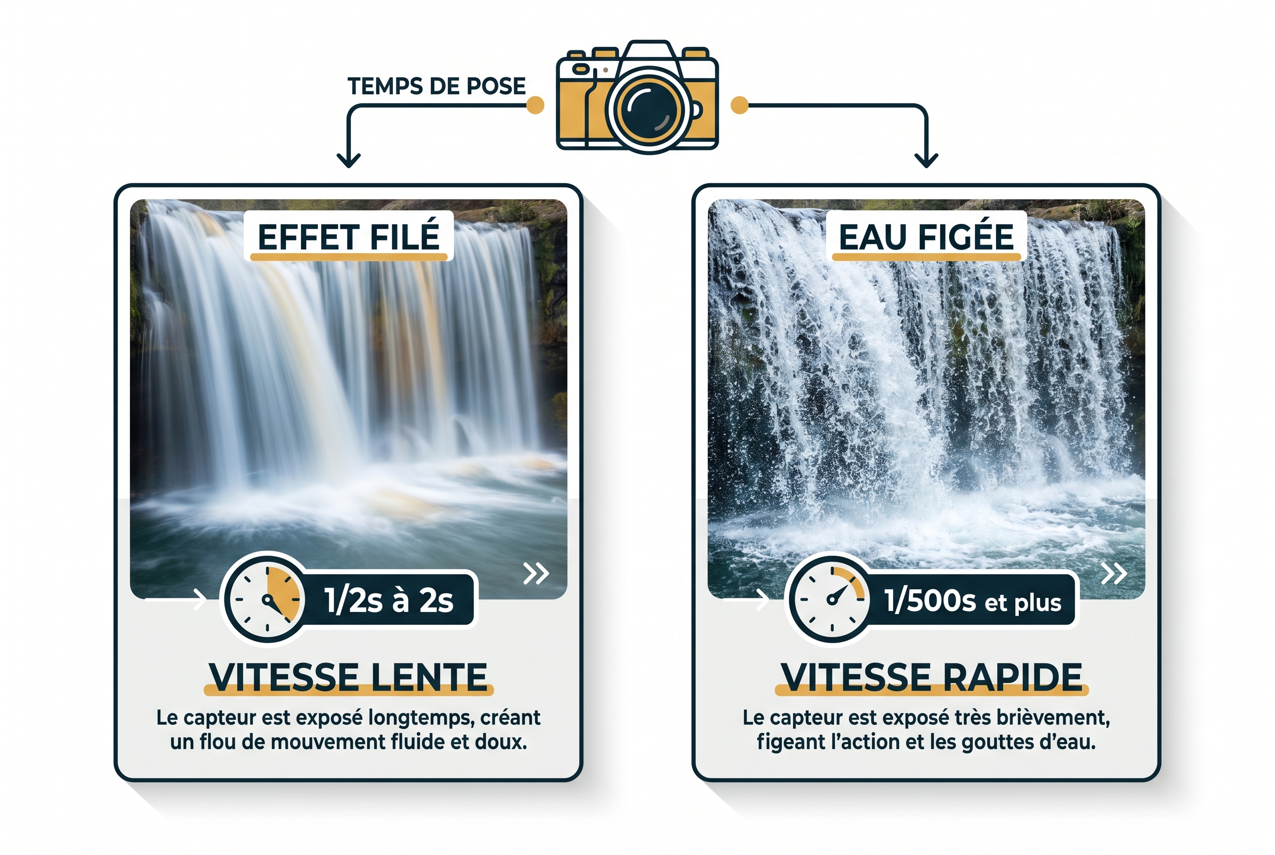 Infographie pédagogique expliquant comment photographier une cascade : comparaison entre l'effet de filé avec vitesse lente et l'eau figée avec vitesse rapide.