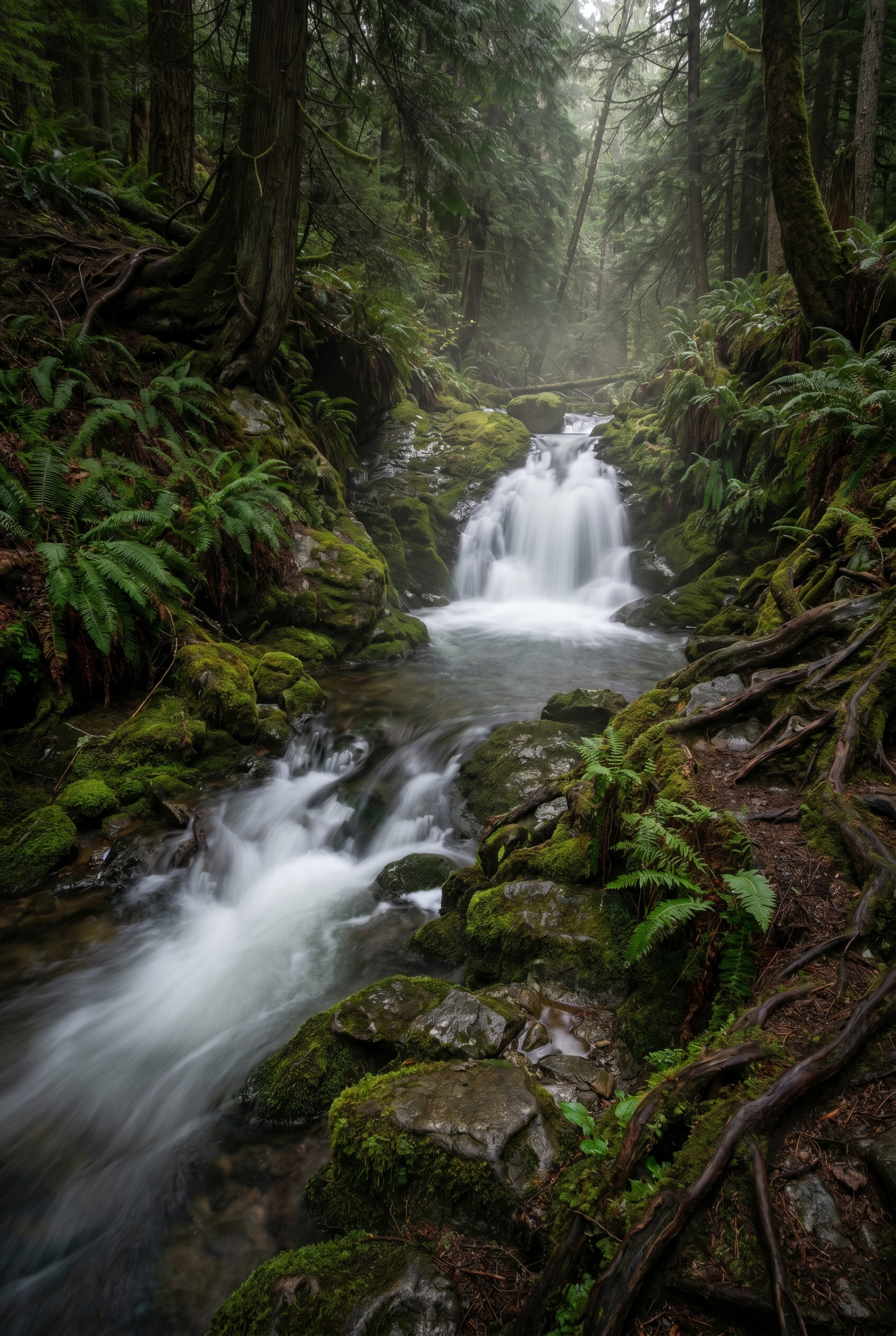 Photographie d'une cascade en forêt avec un effet d'eau soyeuse et des rochers moussus, illustrant la technique de la pose longue.
