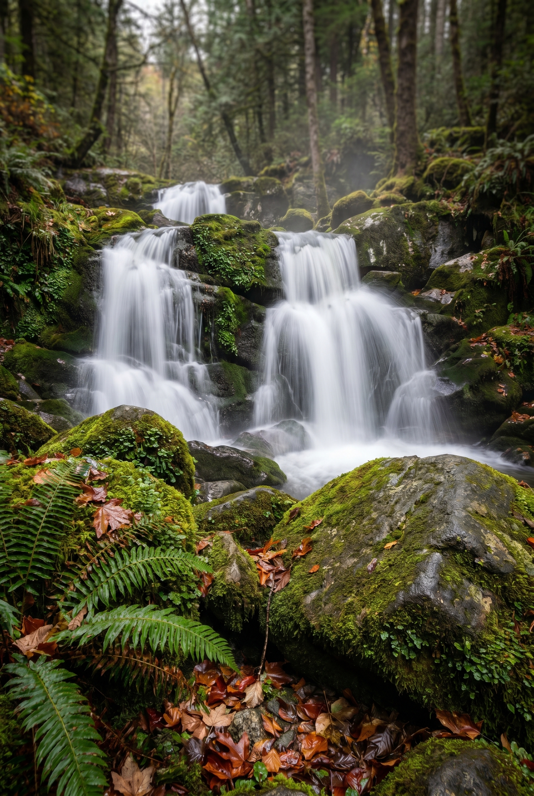Photographie d'une cascade en forêt avec un effet d'eau soyeuse obtenu par une pose longue sur des rochers moussus.