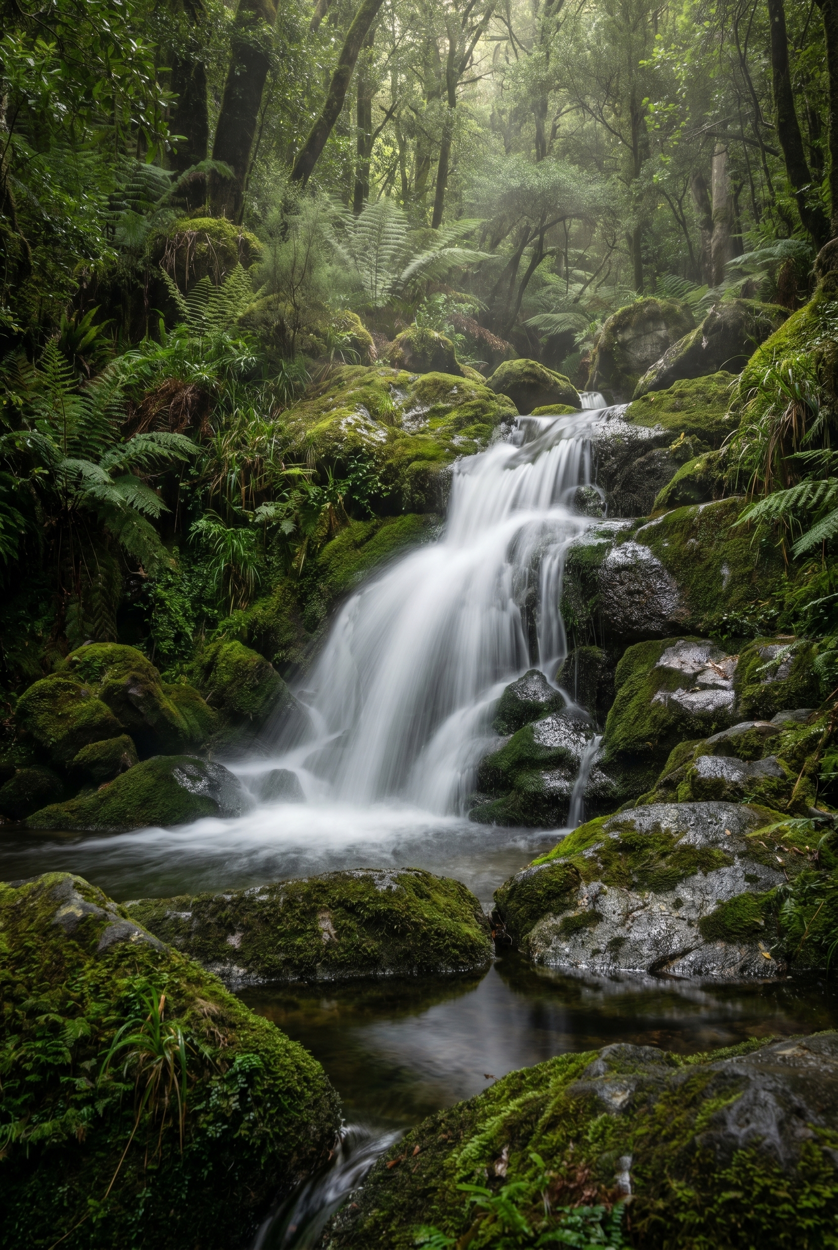 Photographie d'une cascade en forêt avec un effet d'eau soyeuse obtenu par pose longue sur des rochers moussus.