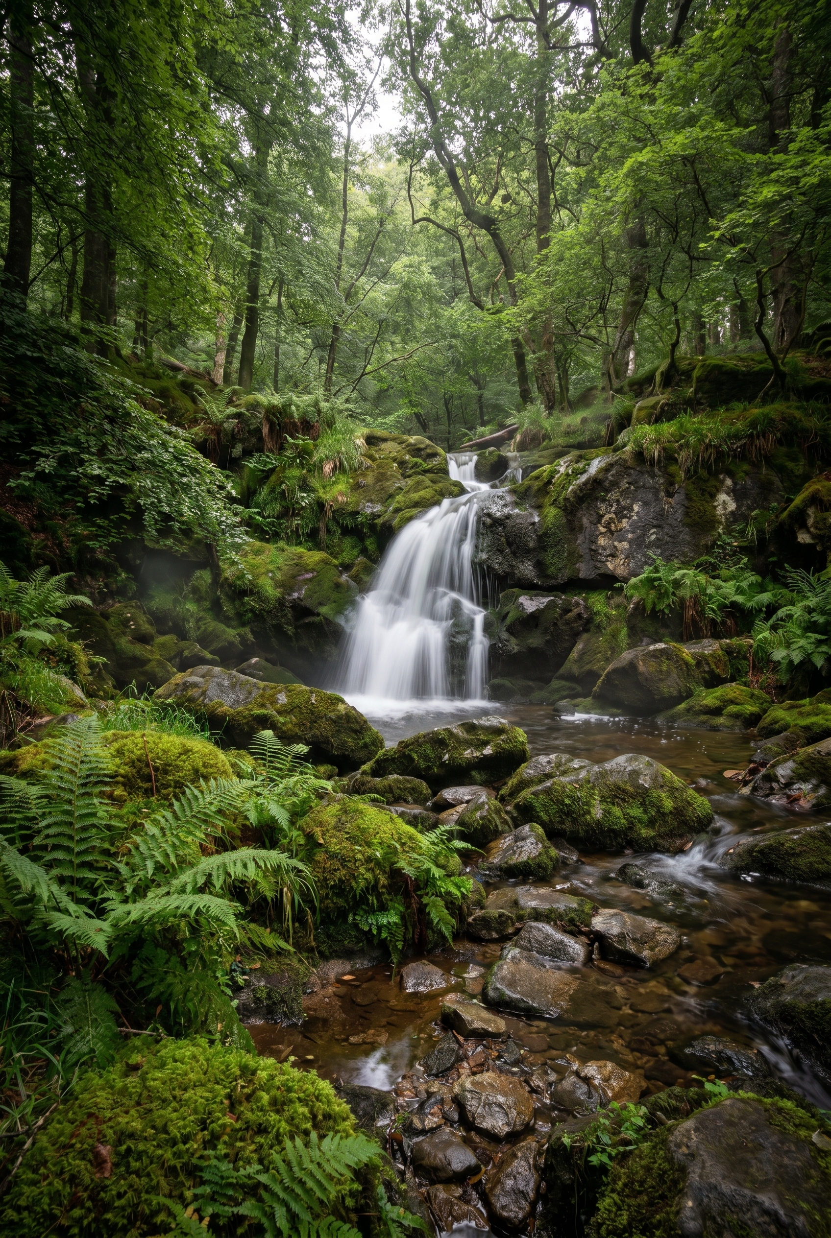 Photographie d'une petite cascade en forêt avec effet de filé (eau soyeuse) sur des rochers moussus et des fougères.