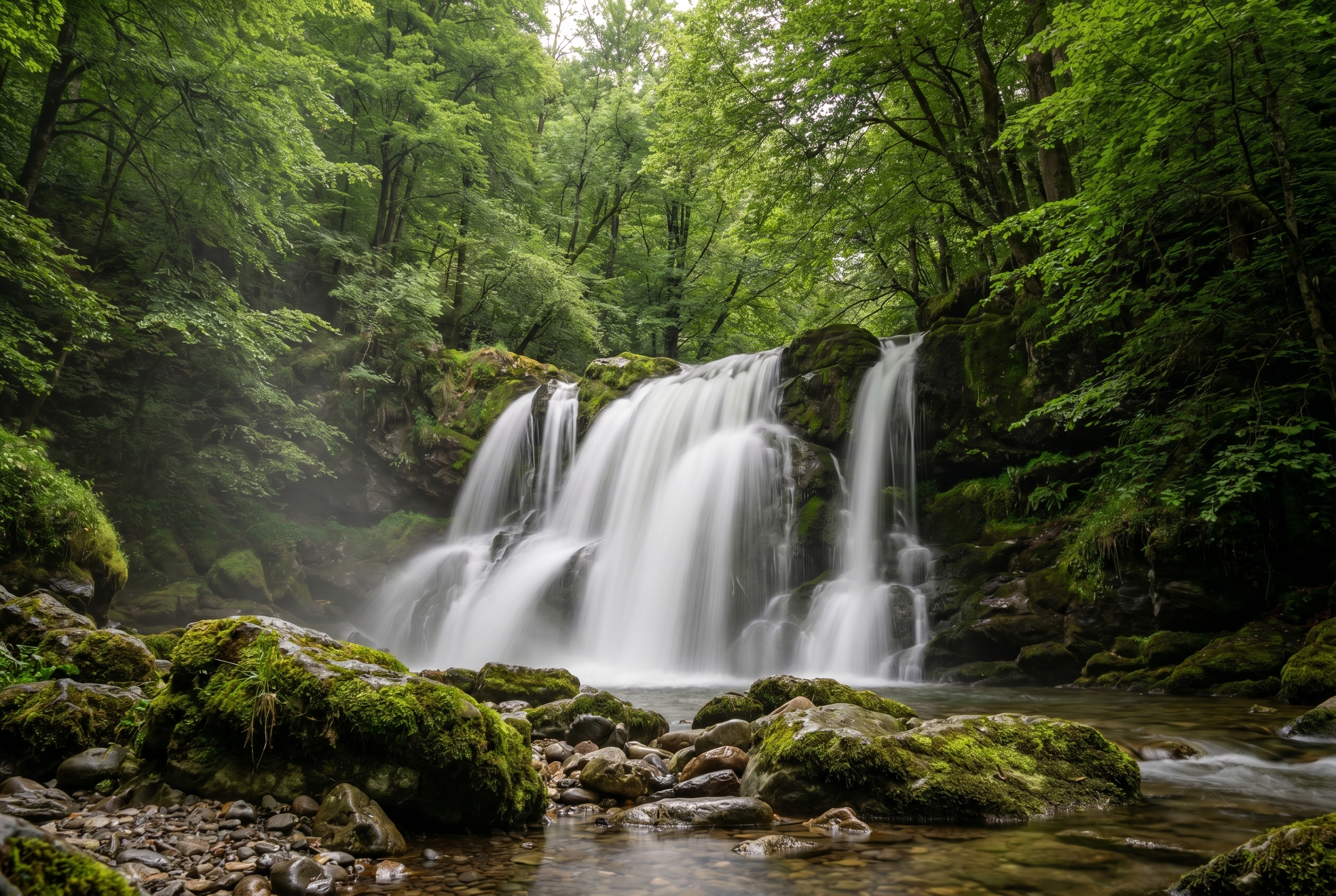 Technique pour photographier une cascade avec un effet de filé et d'eau soyeuse sur des rochers moussus en forêt.