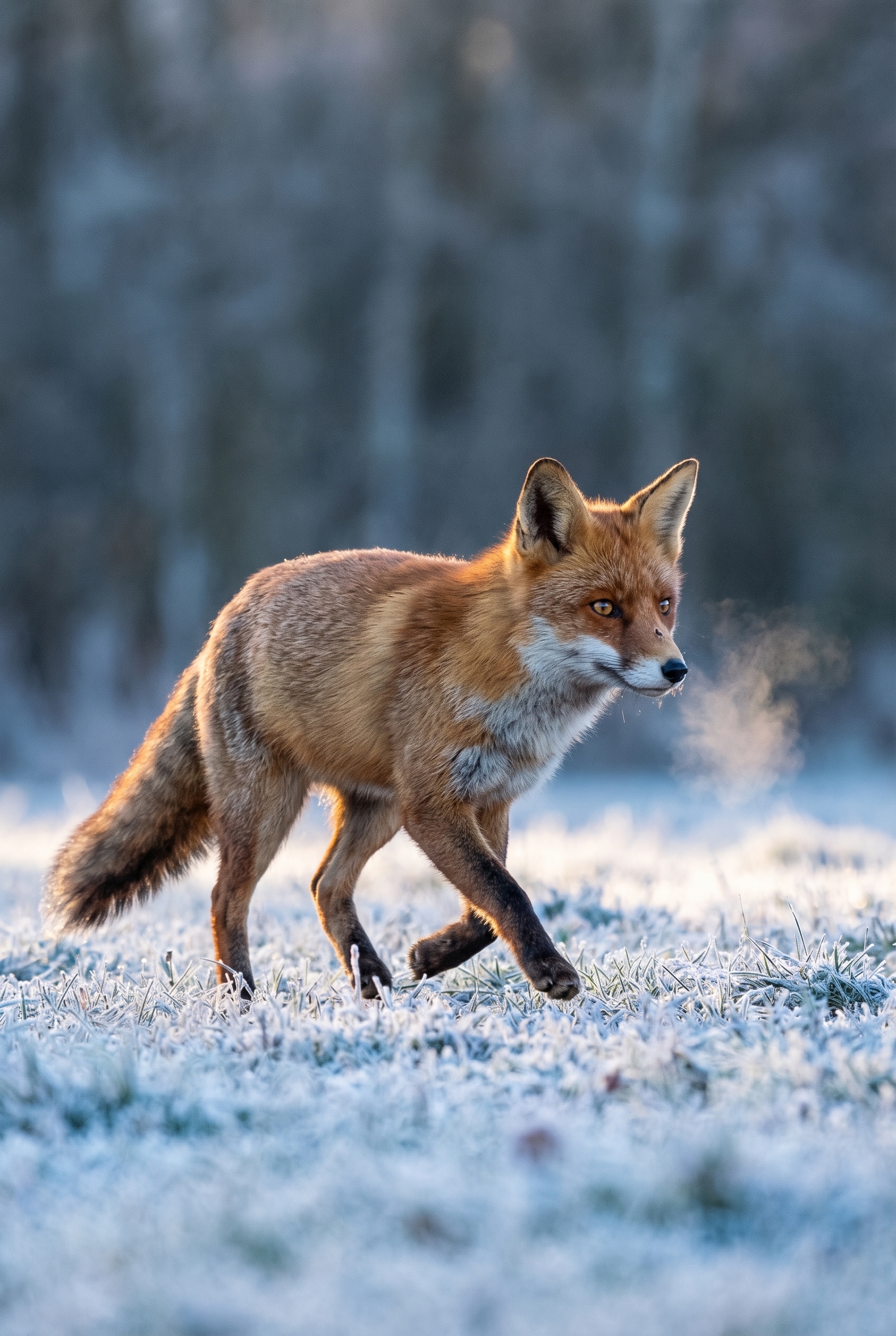 Renard roux trottant dans un champ givré à l'aube, une démonstration technique pour apprendre à photographier des animaux en mouvement.
