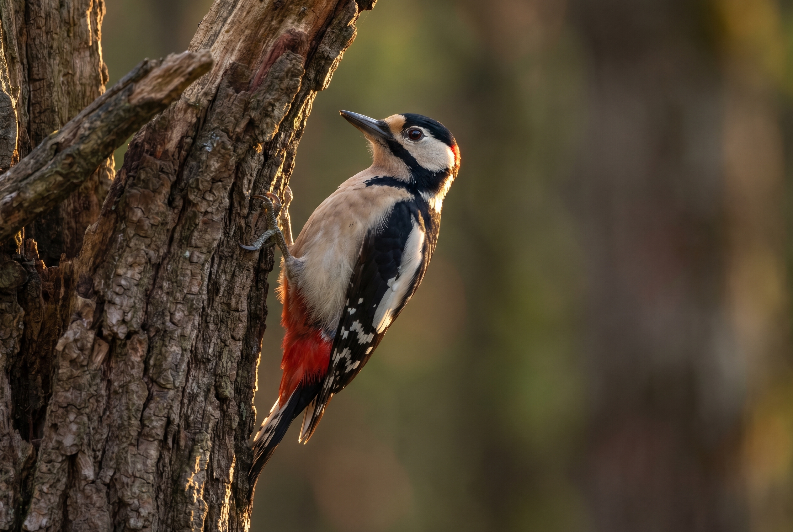 Un pic épeiche agrippé à un chêne à l'aube, illustrant l'art de photographier des animaux avec une mise au point nette sur l'œil.