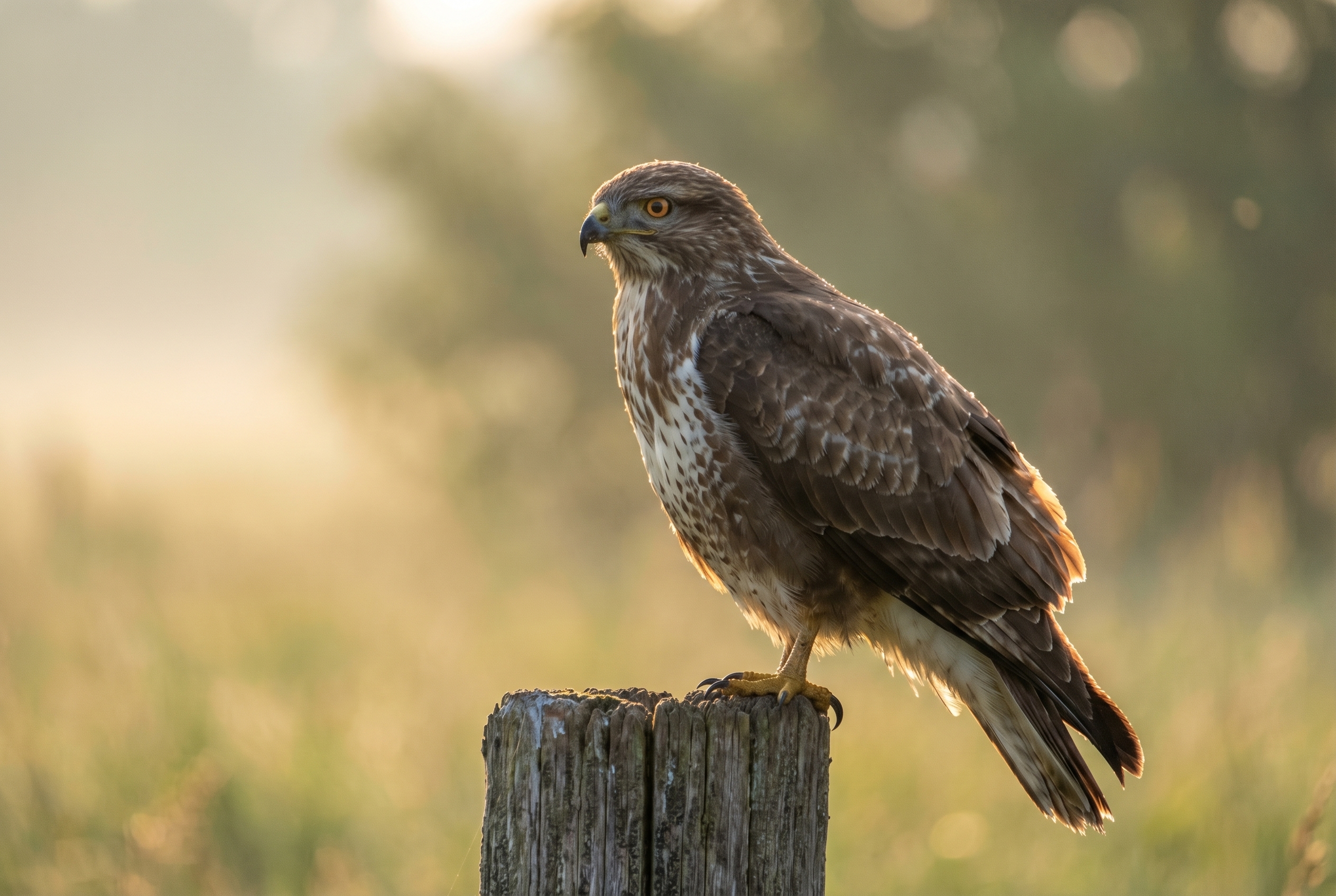 Une buse variable perchée sur un poteau en bois dans une prairie brumeuse au lever du soleil, exemple de photographie animalière réussie.