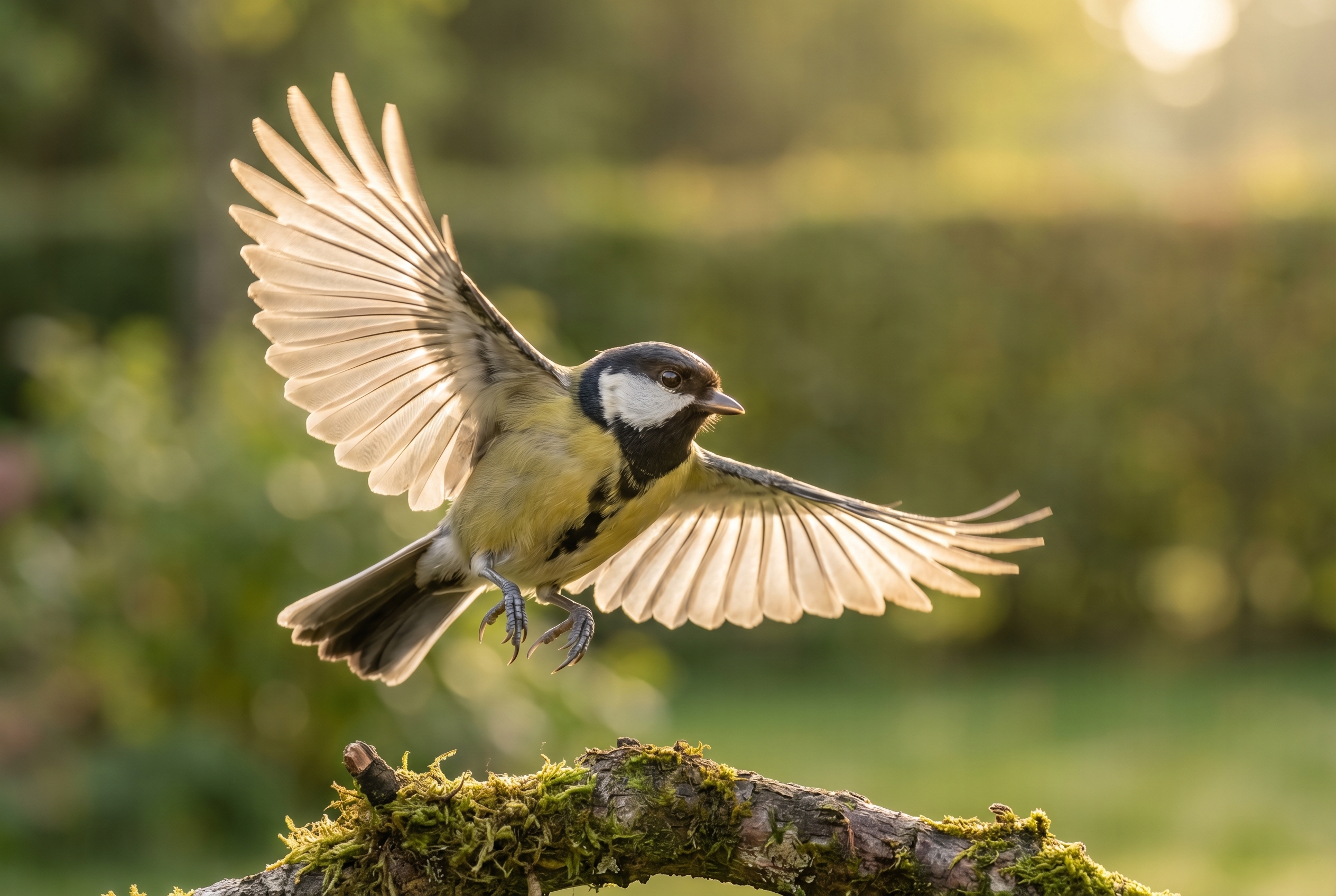 Comment photographier des oiseaux : le guide complet 27 Mésange charbonnière en plein vol au-dessus d'une branche moussue, illustrant comment photographier des oiseaux avec une vitesse d'obturation rapide pour figer le mouvement.