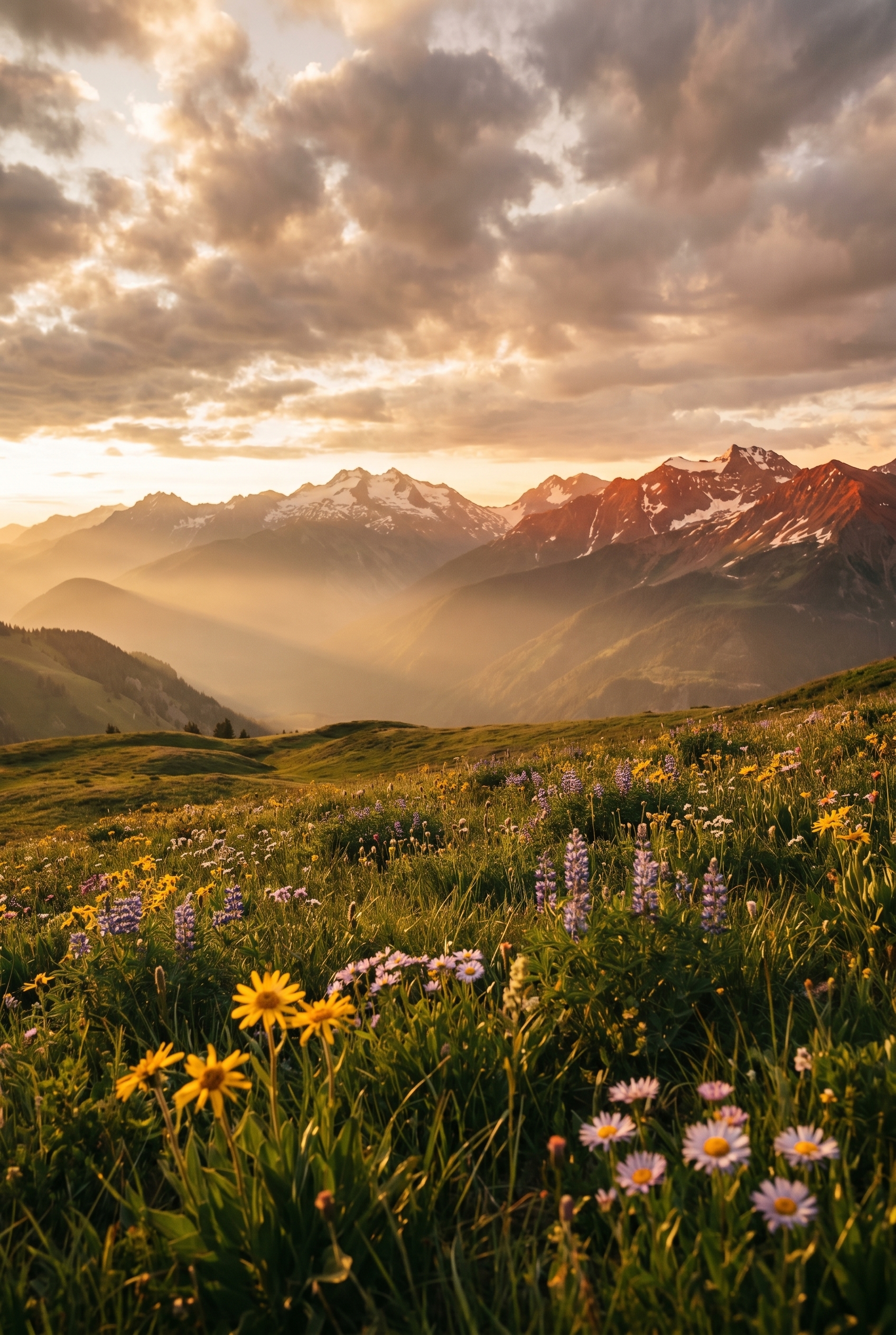 Comment photographier des paysages : le guide complet 26 Exemple de composition pour photographier des paysages de montagne avec des fleurs au premier plan et des sommets enneigés à l'heure dorée.