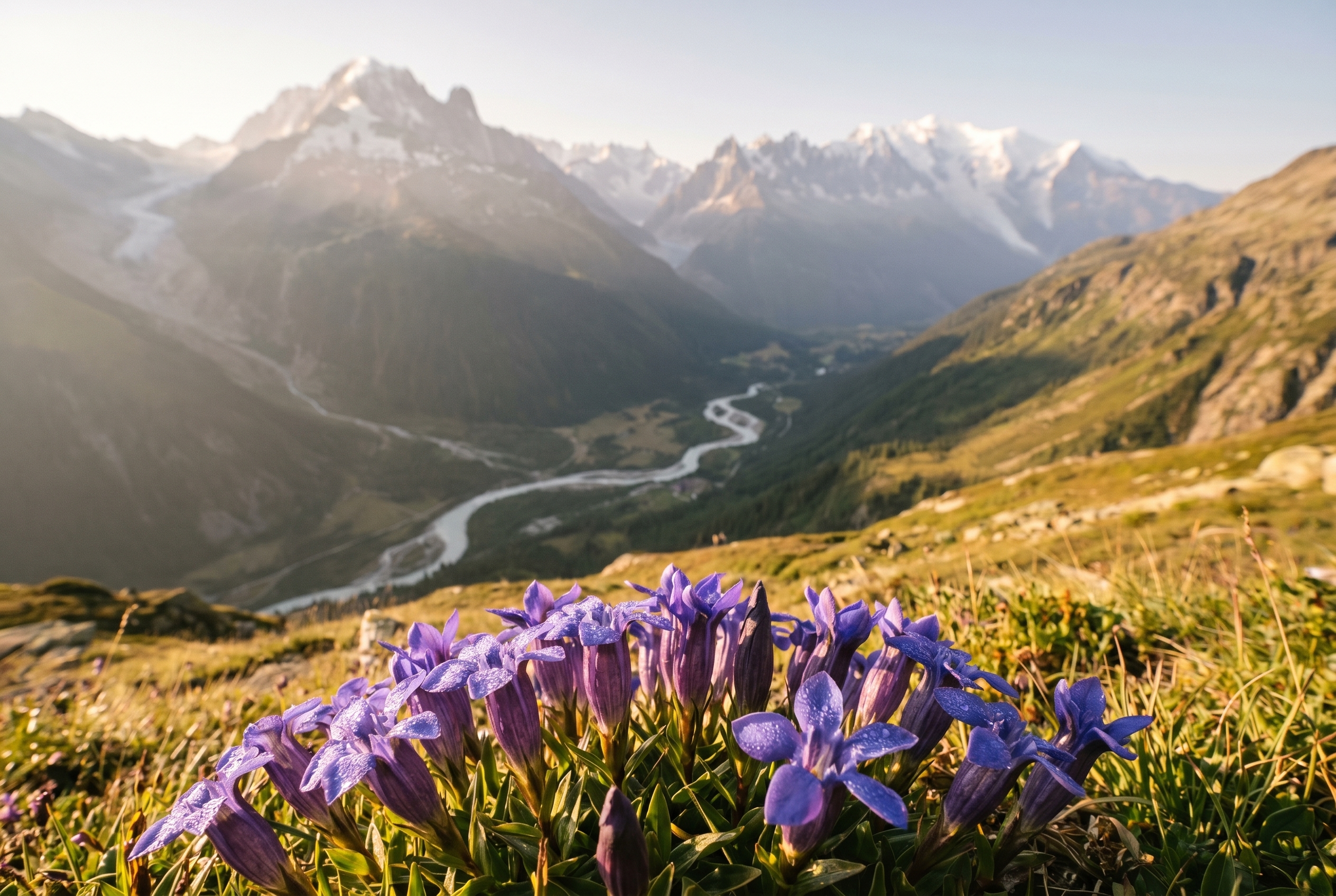Comment photographier des paysages : le guide complet 22 Exemple de composition pour photographier des paysages de montagne avec des gentianes au premier plan et des sommets enneigés des Alpes françaises.