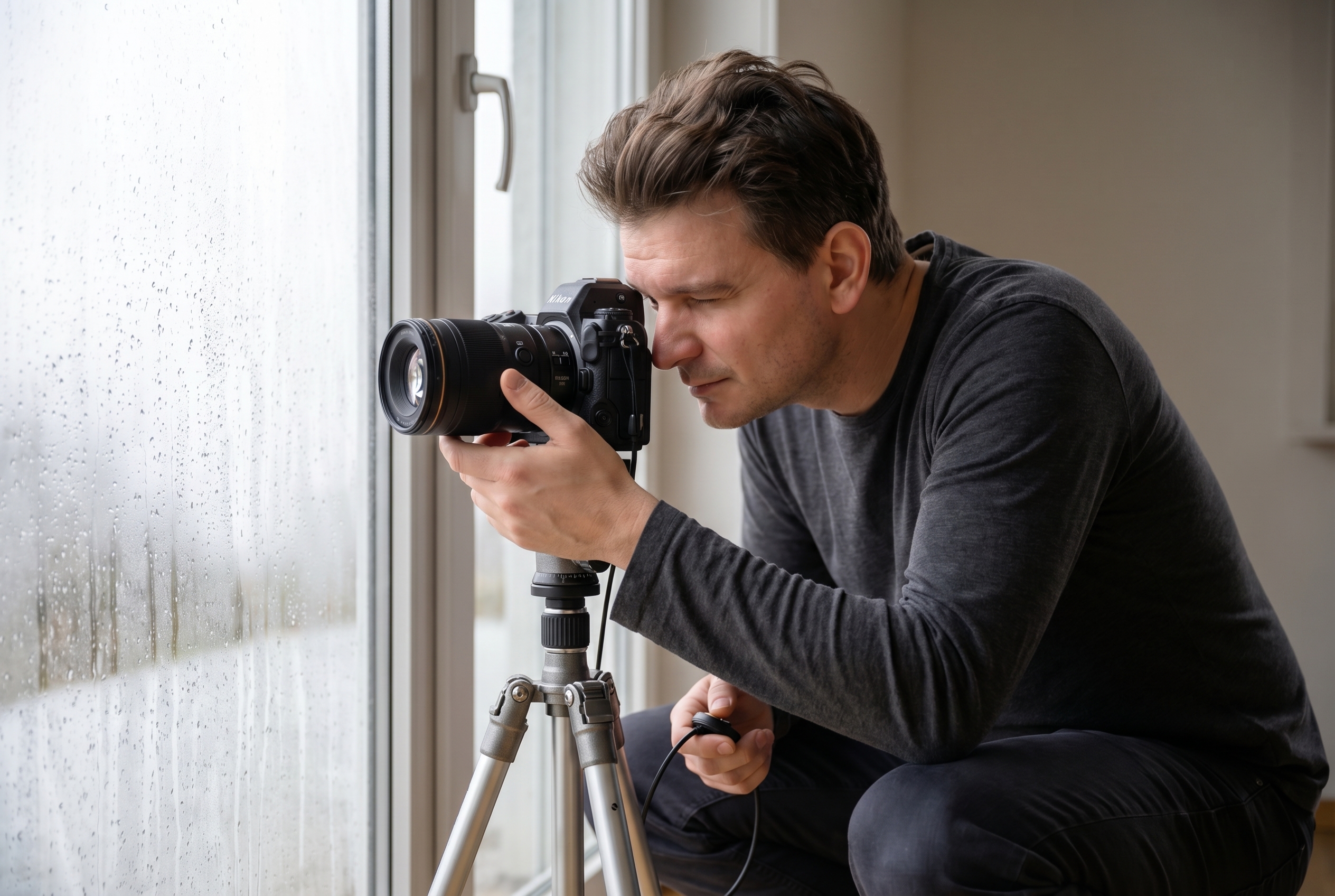 Photographe utilisant un trépied et un objectif macro pour photographier une goutte d'eau avec précision.