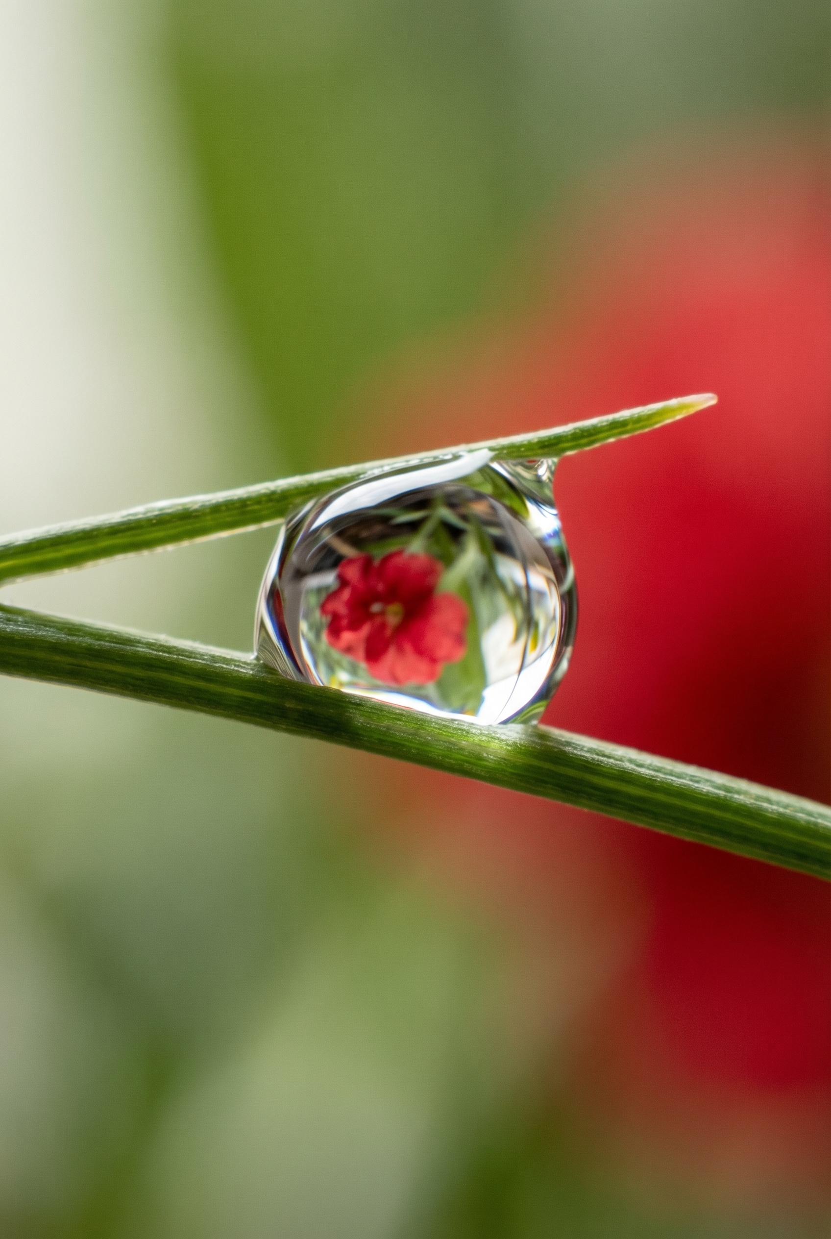 Macrophotographie extrême d'une goutte d'eau sur une tige verte avec le reflet inversé d'une fleur rouge, illustrant la technique pour photographier une goutte d'eau.