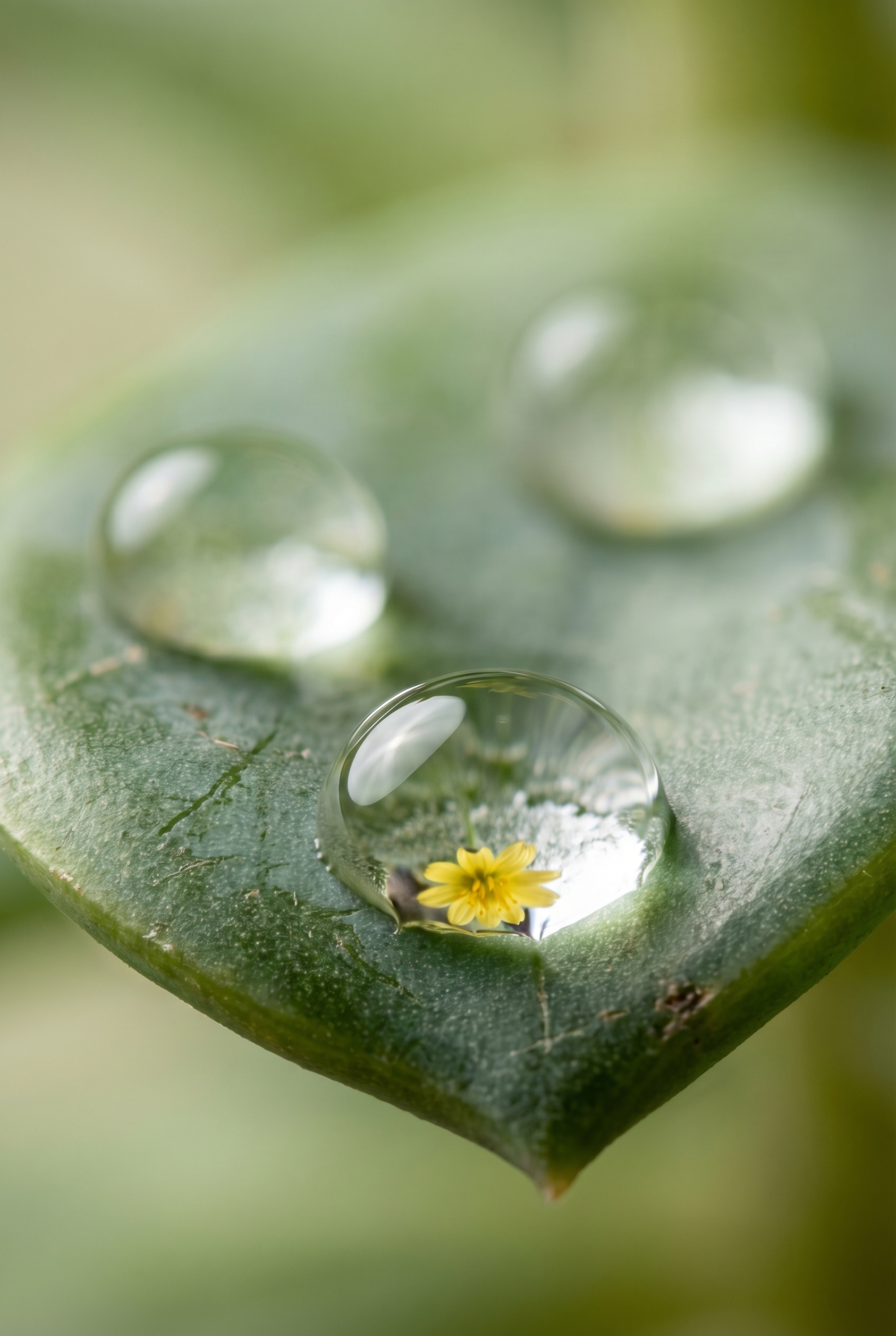 Photographie macro de trois gouttes d'eau sphériques sur une feuille grasse montrant la réfraction d'une fleur jaune, illustrant comment photographier une goutte d'eau avec netteté.