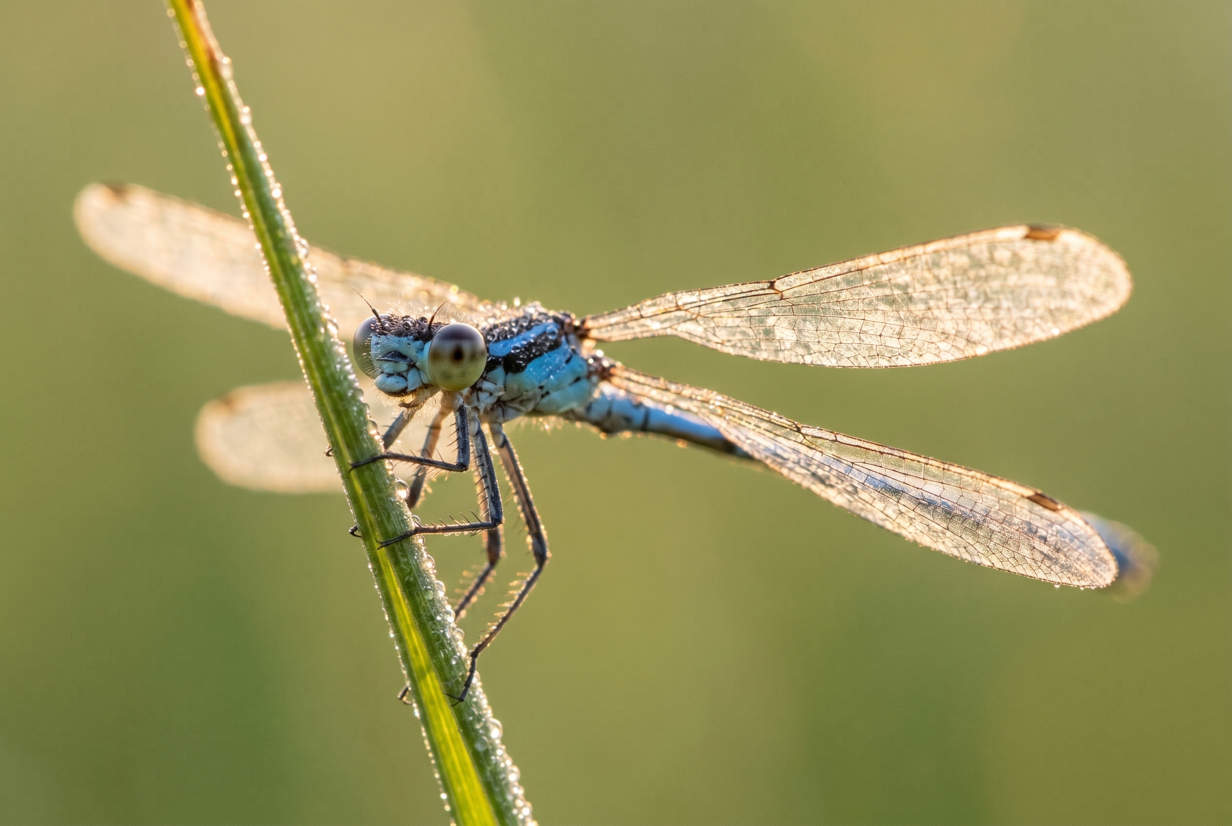 Photographie macro d'un agrion bleu avec mise au point nette sur l'œil et rosée matinale, illustrant comment photographier les insectes de près.