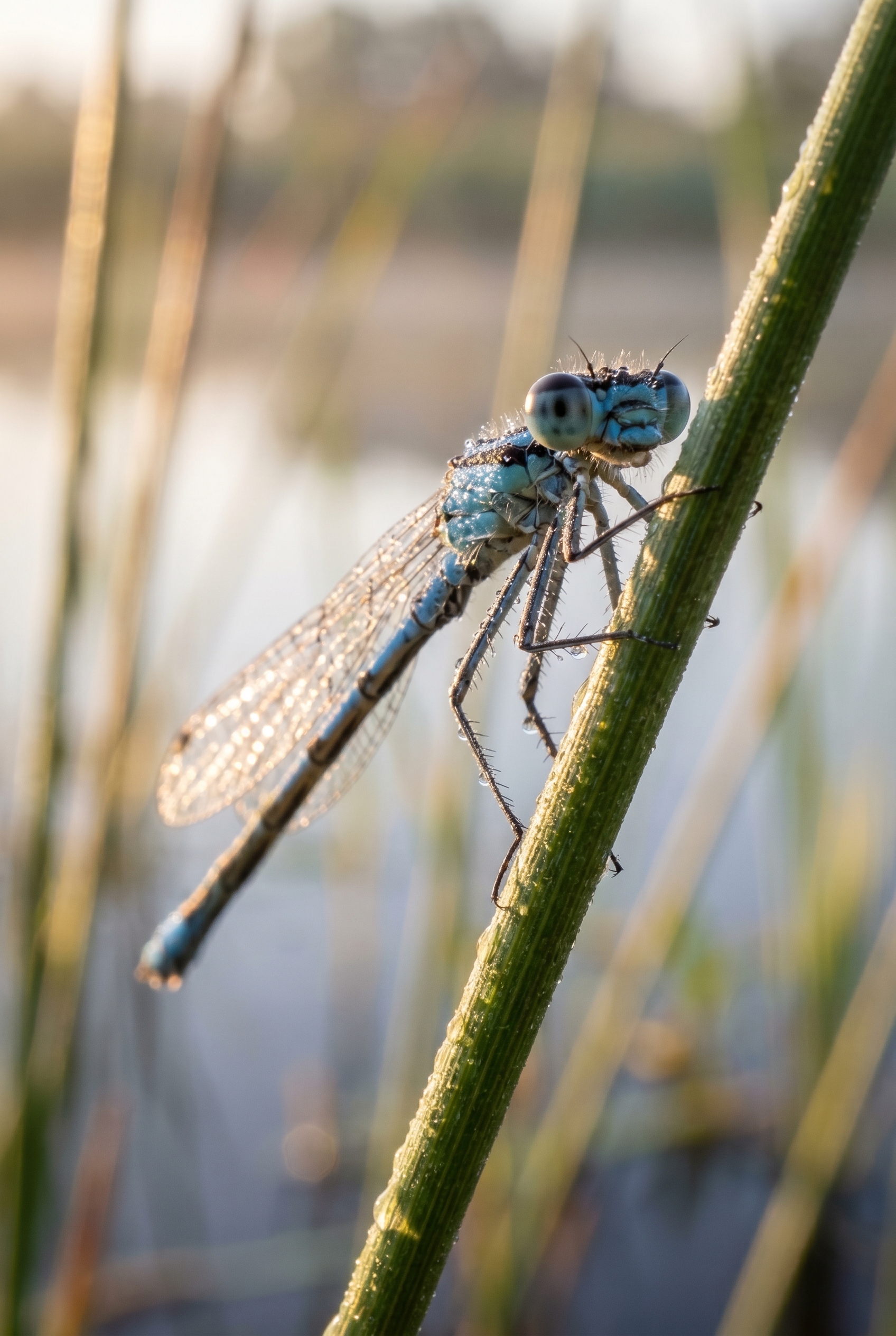 Gros plan macro d'un agrion bleu couvert de gouttes de rosée sur un roseau au lever du soleil, illustrant la netteté en photographie d'insectes.