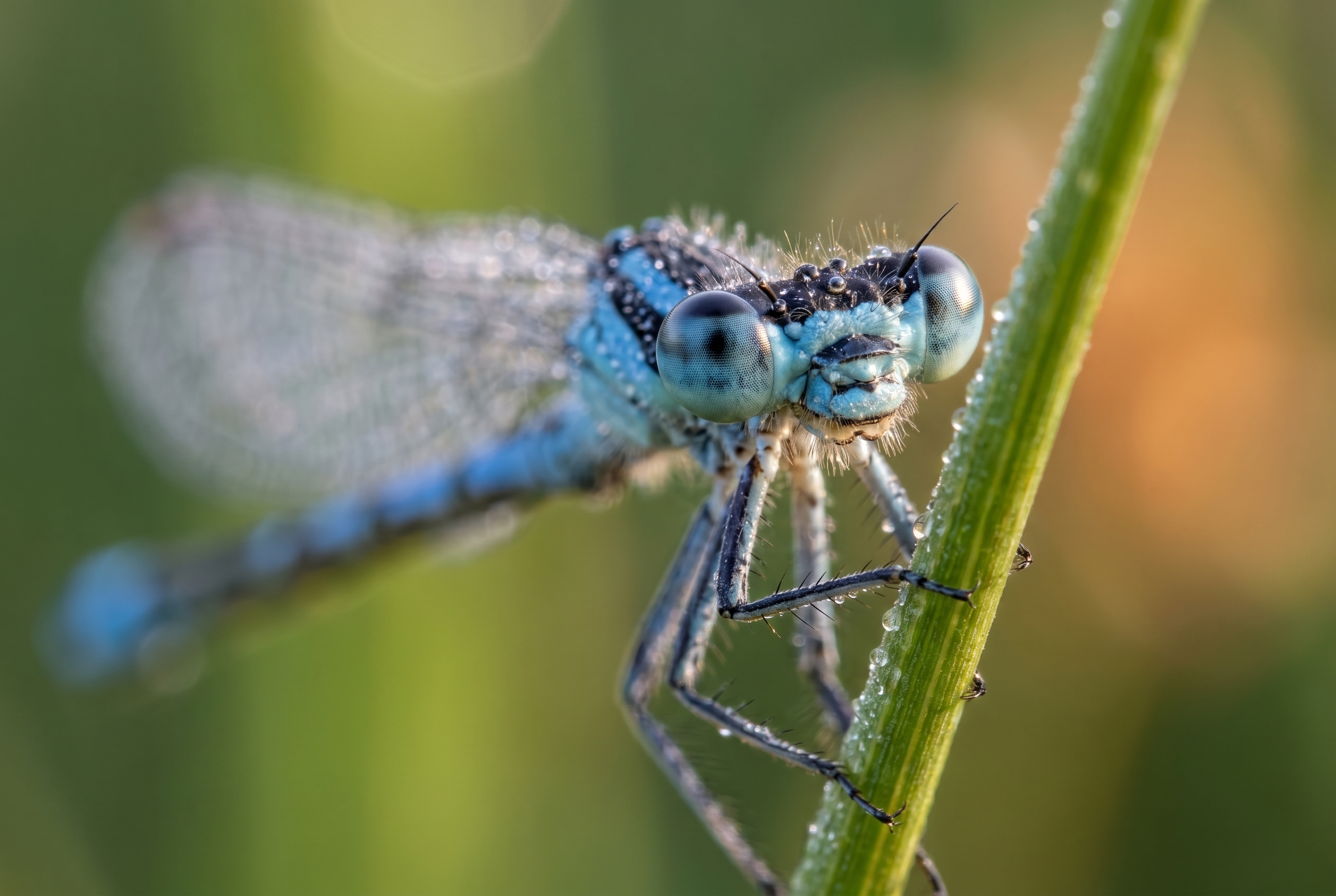 Gros plan macro d'un agrion jouvencelle bleu sur un roseau, illustrant la netteté parfaite pour photographier les insectes.