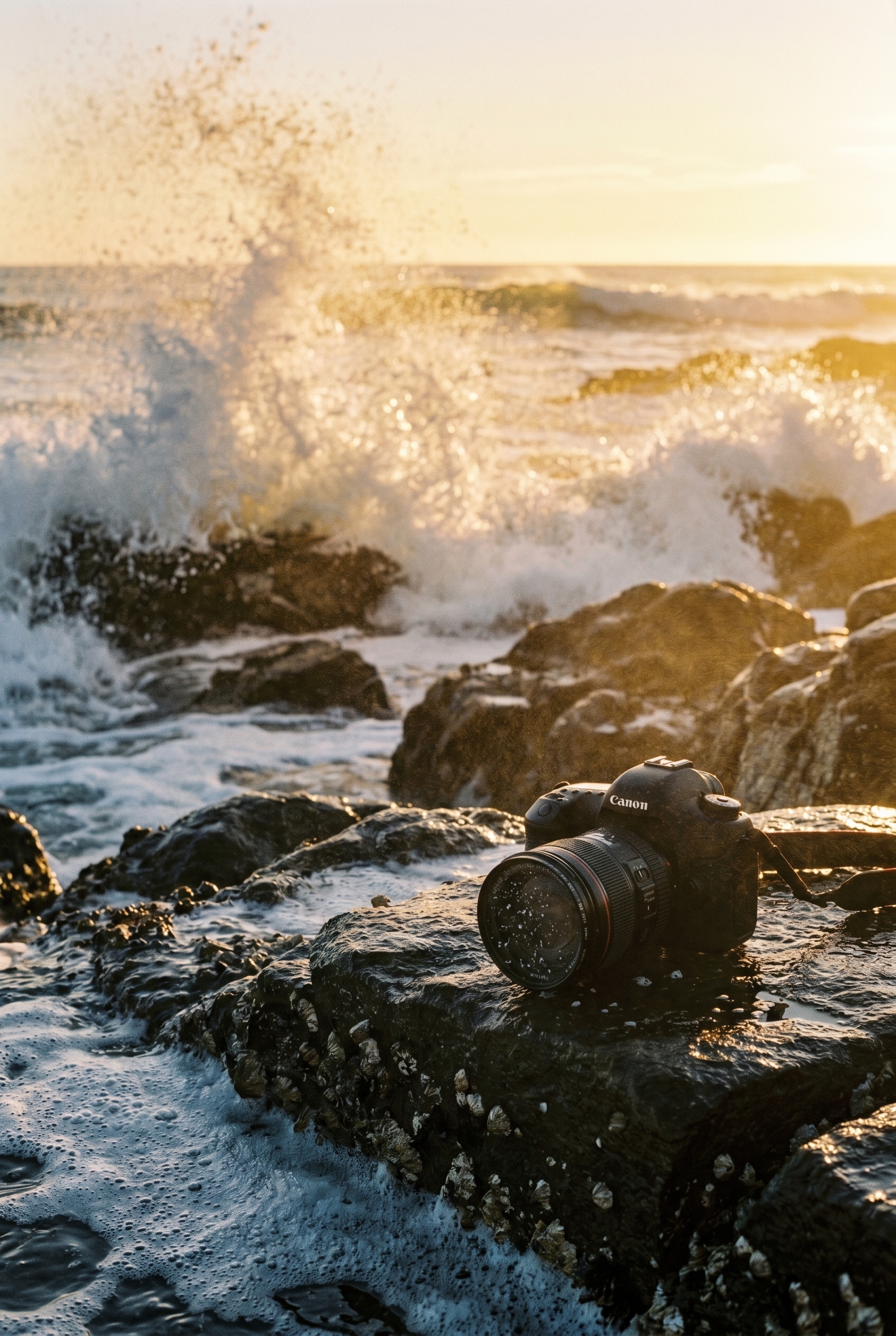 Un appareil photo reflex avec filtre UV posé sur un rocher humide face aux vagues pour photographier la mer de l'Atlantique.