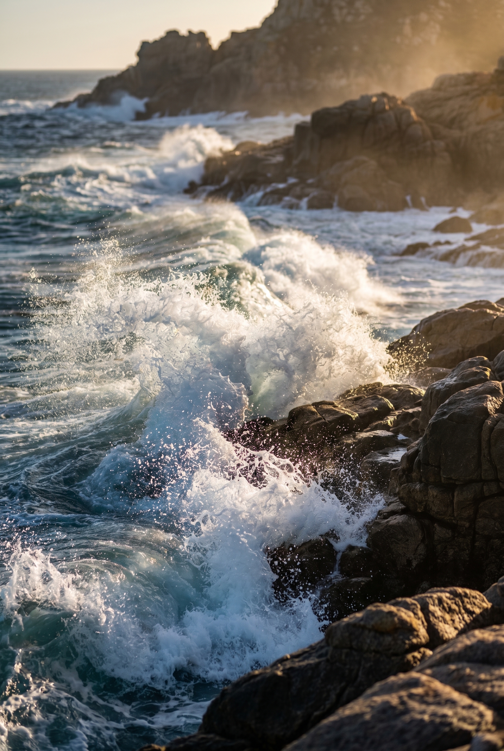 Une vague puissante s'écrasant sur des rochers de granite en Bretagne, illustrant la technique pour photographier la mer avec une vitesse d'obturation rapide.