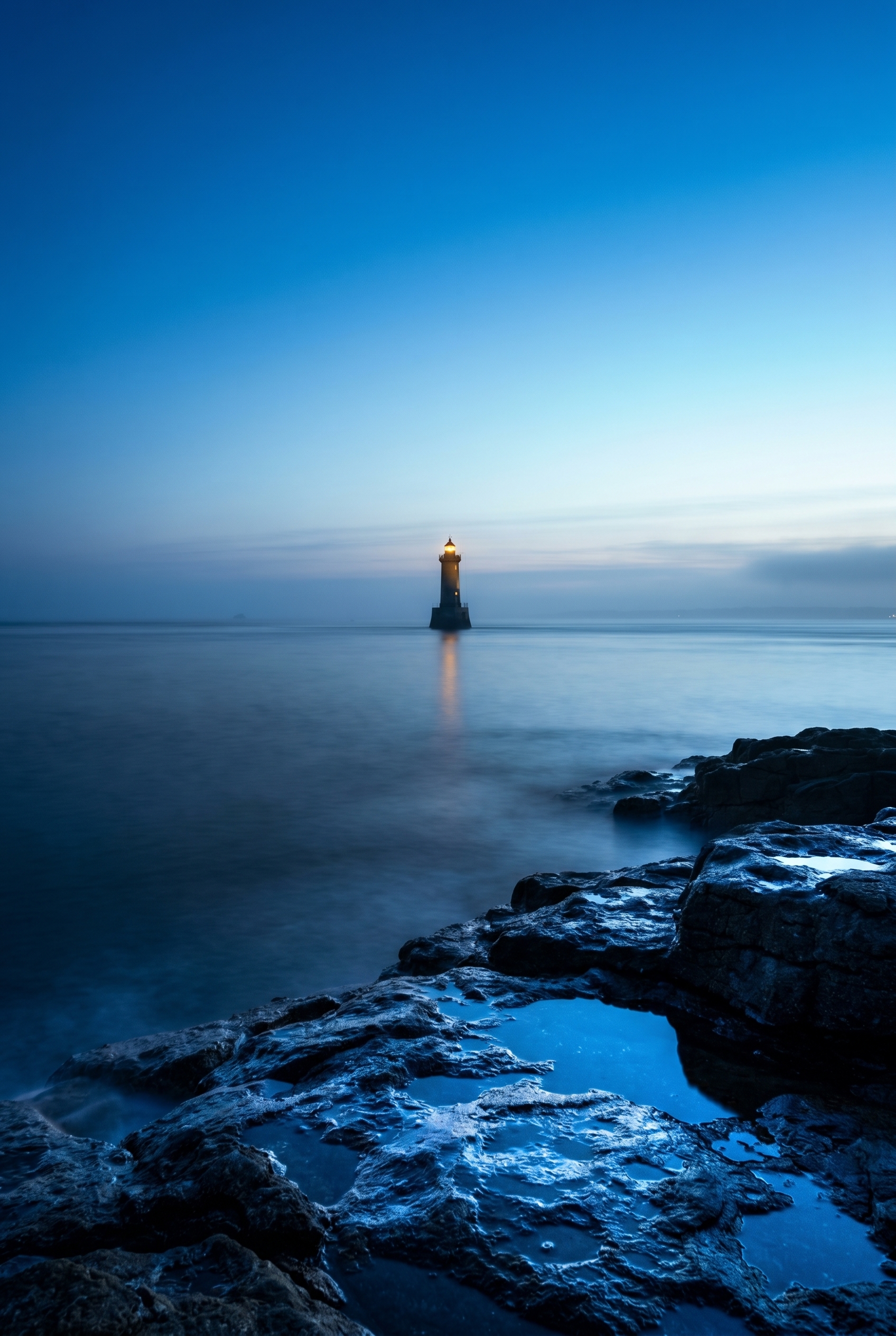 Photographie de paysage marin à l'heure bleue sur la côte atlantique illustrant comment photographier la mer avec une pose longue pour un effet miroir.