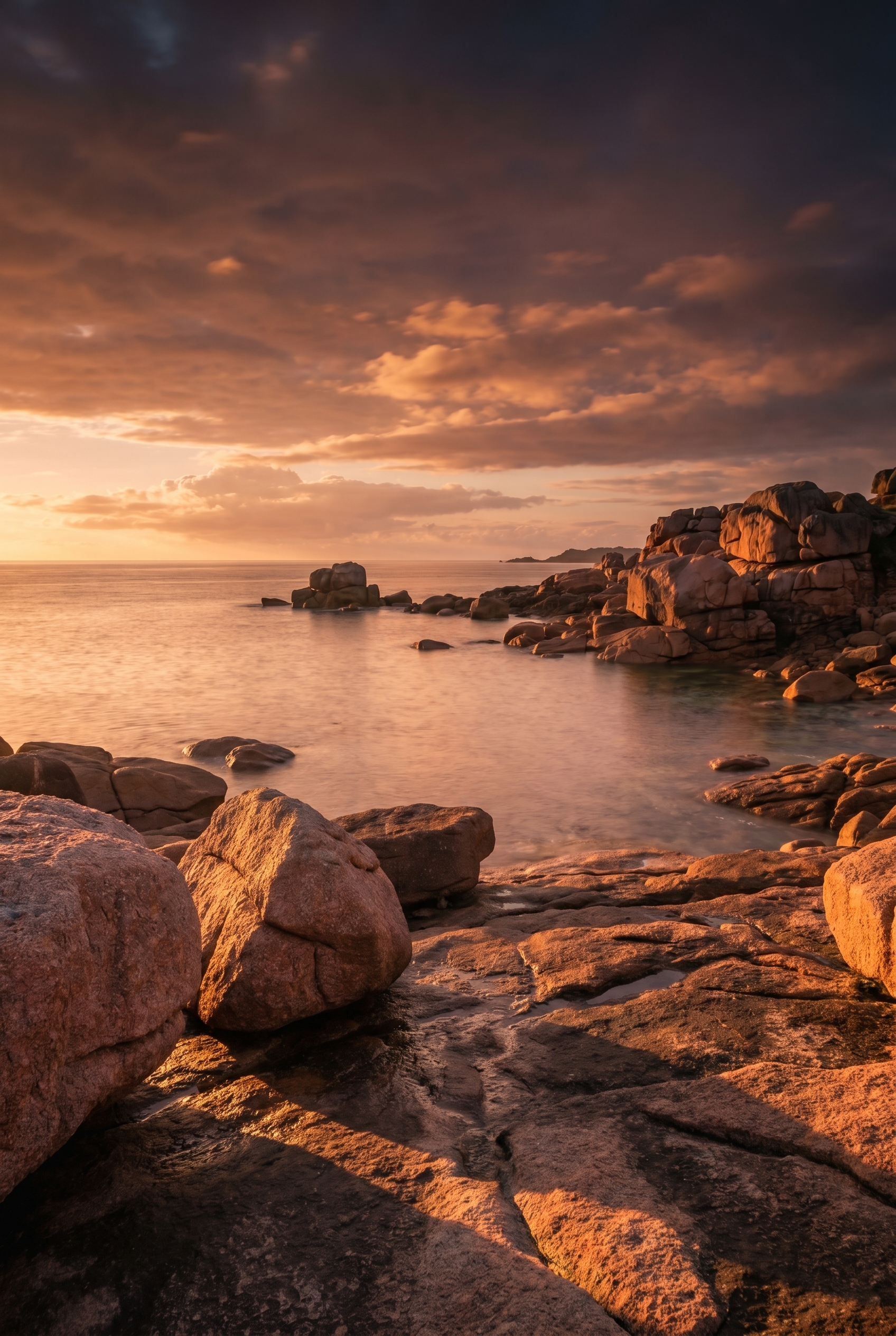 Photographie d'un paysage marin sur la côte de granit rose en Bretagne à l'heure dorée, illustrant comment photographier la mer avec une pose longue.
