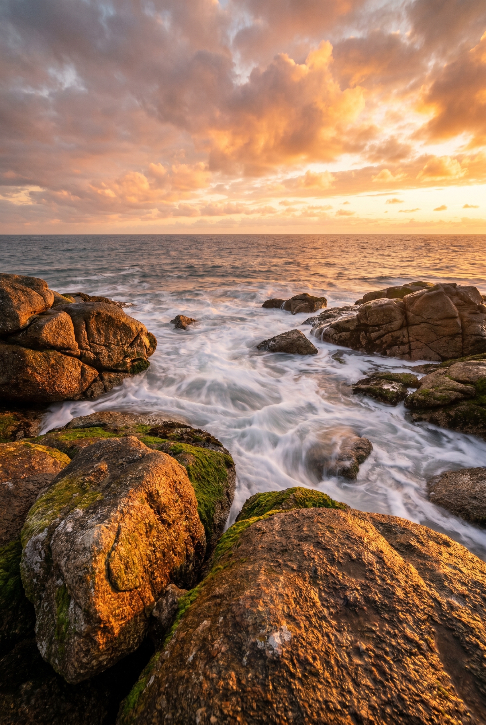 Photographie de paysage marin en Bretagne à l'heure dorée montrant comment photographier la mer avec un effet d'eau soyeuse sur des rochers de granit.