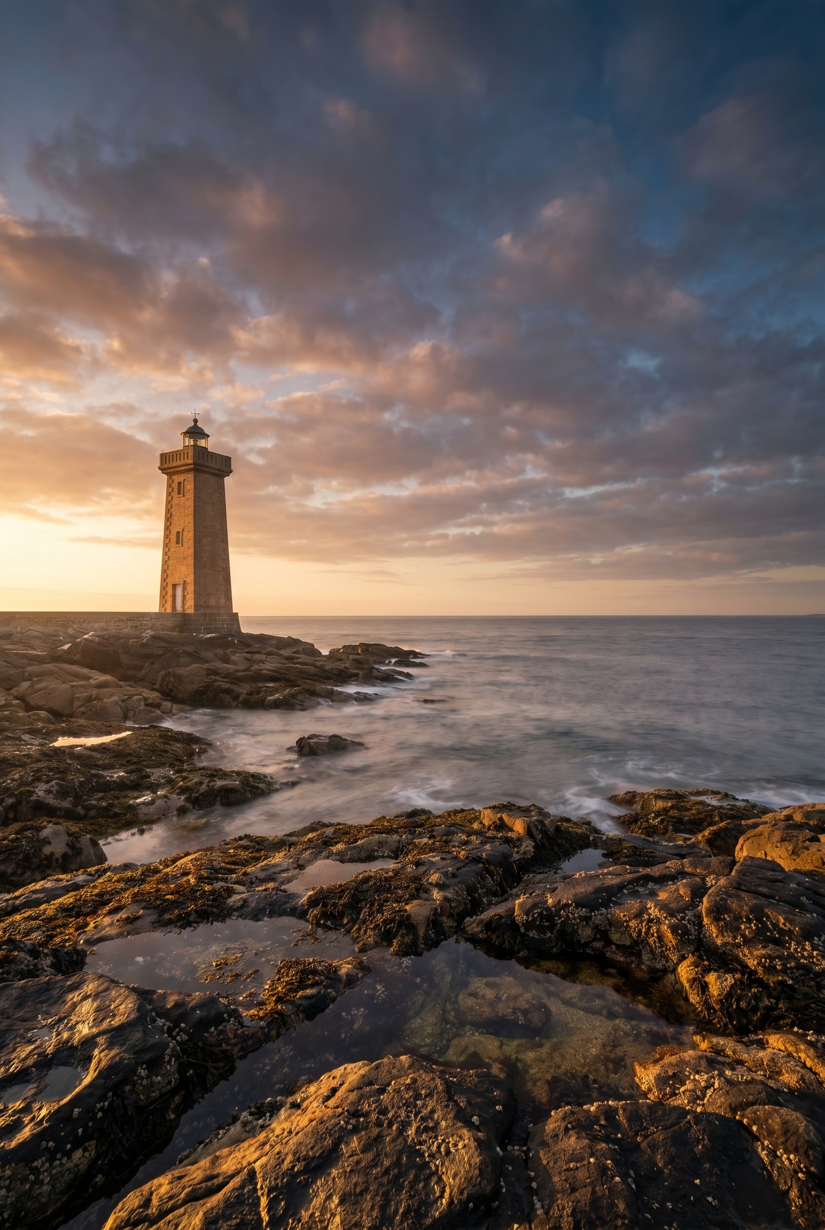 Photographie d'un paysage marin sur la côte Atlantique avec un phare au coucher du soleil, illustrant comment photographier la mer en pose longue pour un effet d'eau soyeuse.