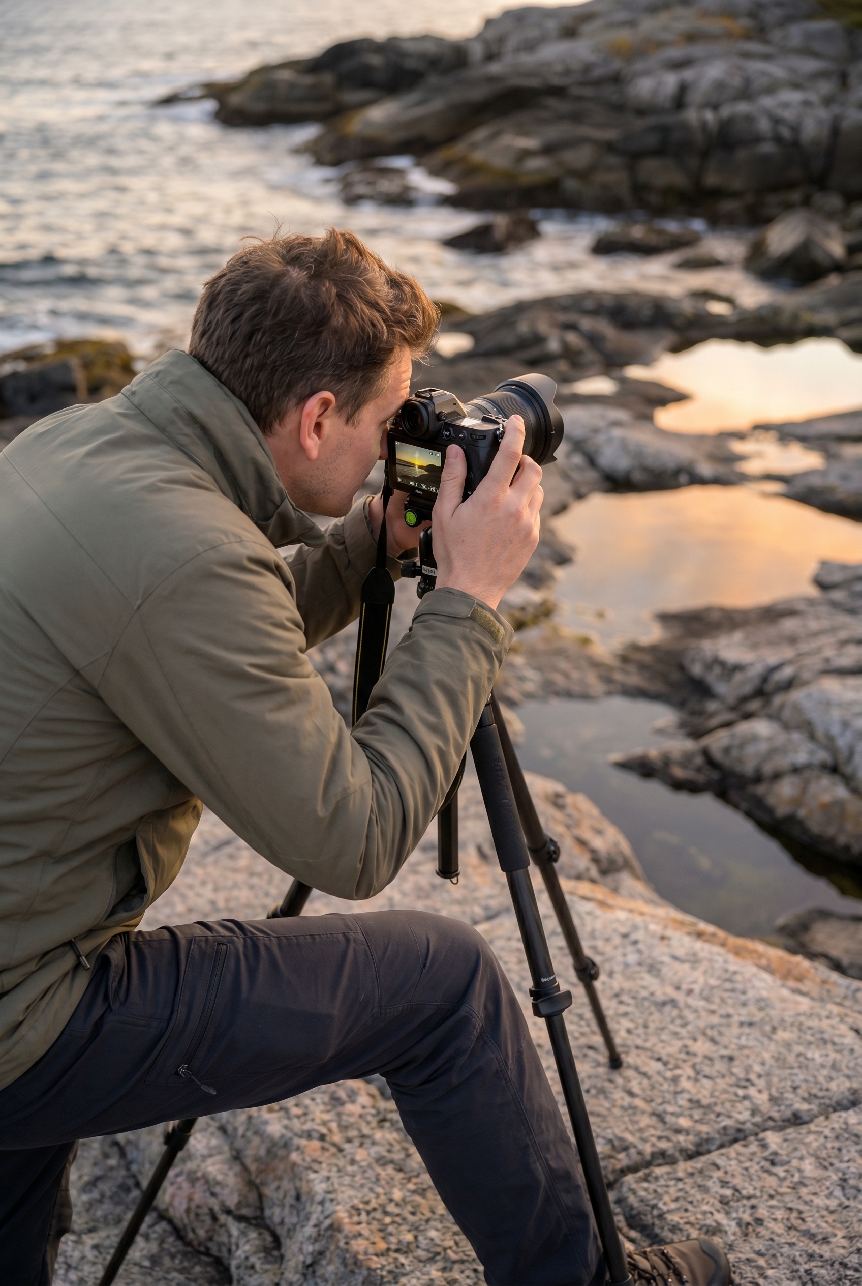 Un photographe utilise un trépied sur une côte rocheuse à l'heure dorée pour apprendre à photographier la mer avec un horizon parfaitement droit.