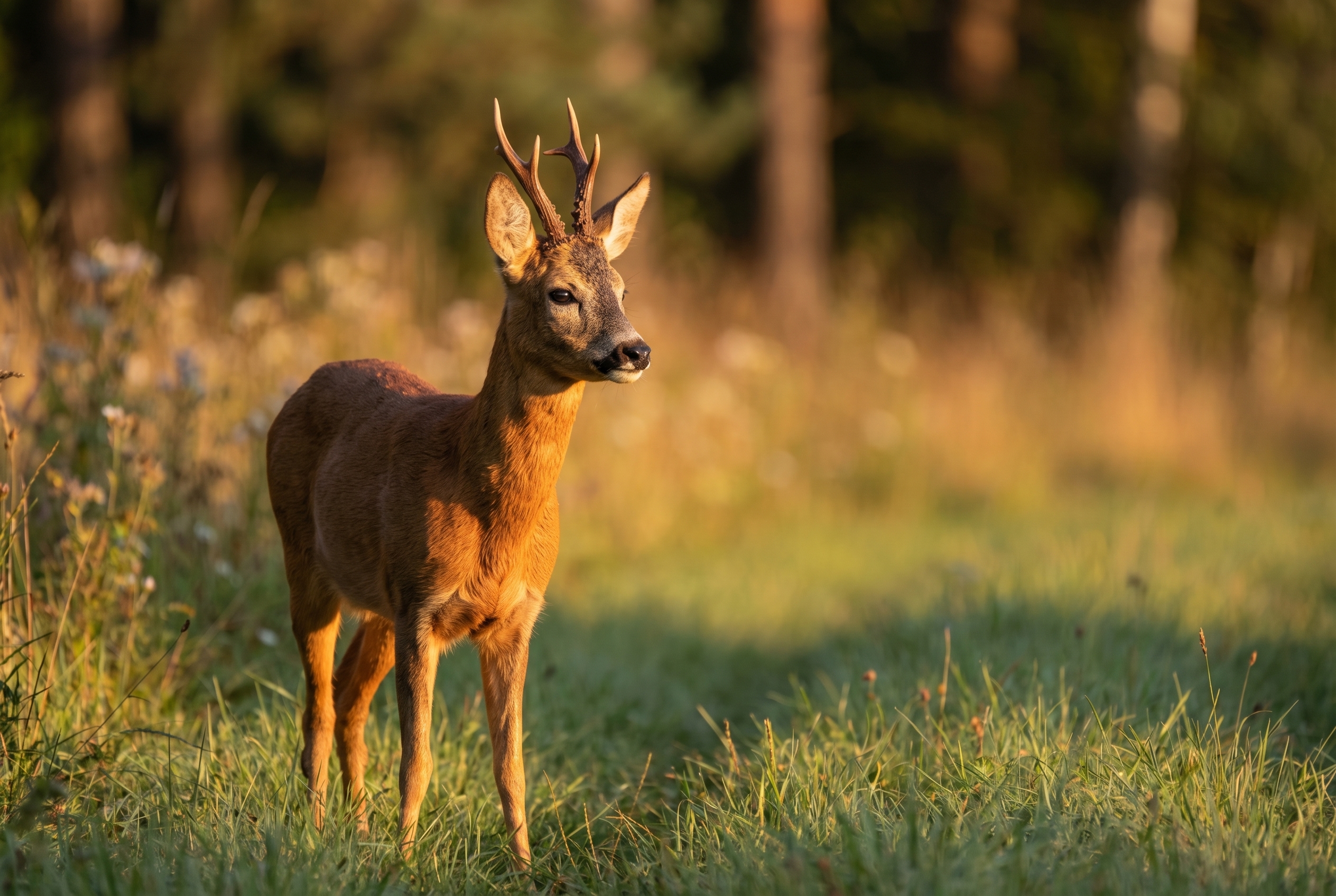 Un chevreuil européen à l'orée d'une forêt sous une lumière dorée, exemple parfait pour apprendre à photographier la nature.