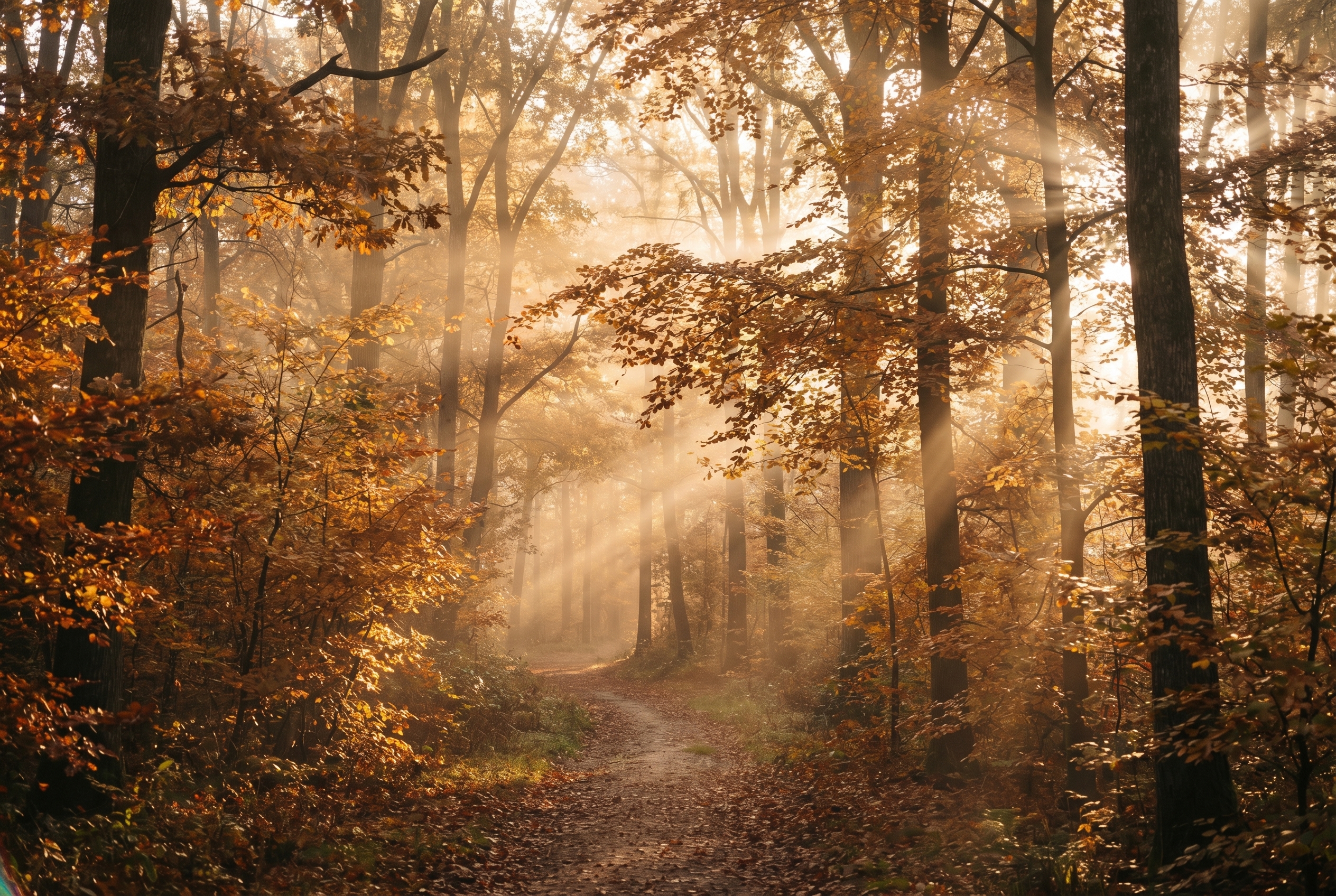Une forêt de hêtres et de chênes à l'aube en automne avec brume dorée et tapis de feuilles mortes, idéale pour apprendre à photographier la nature.