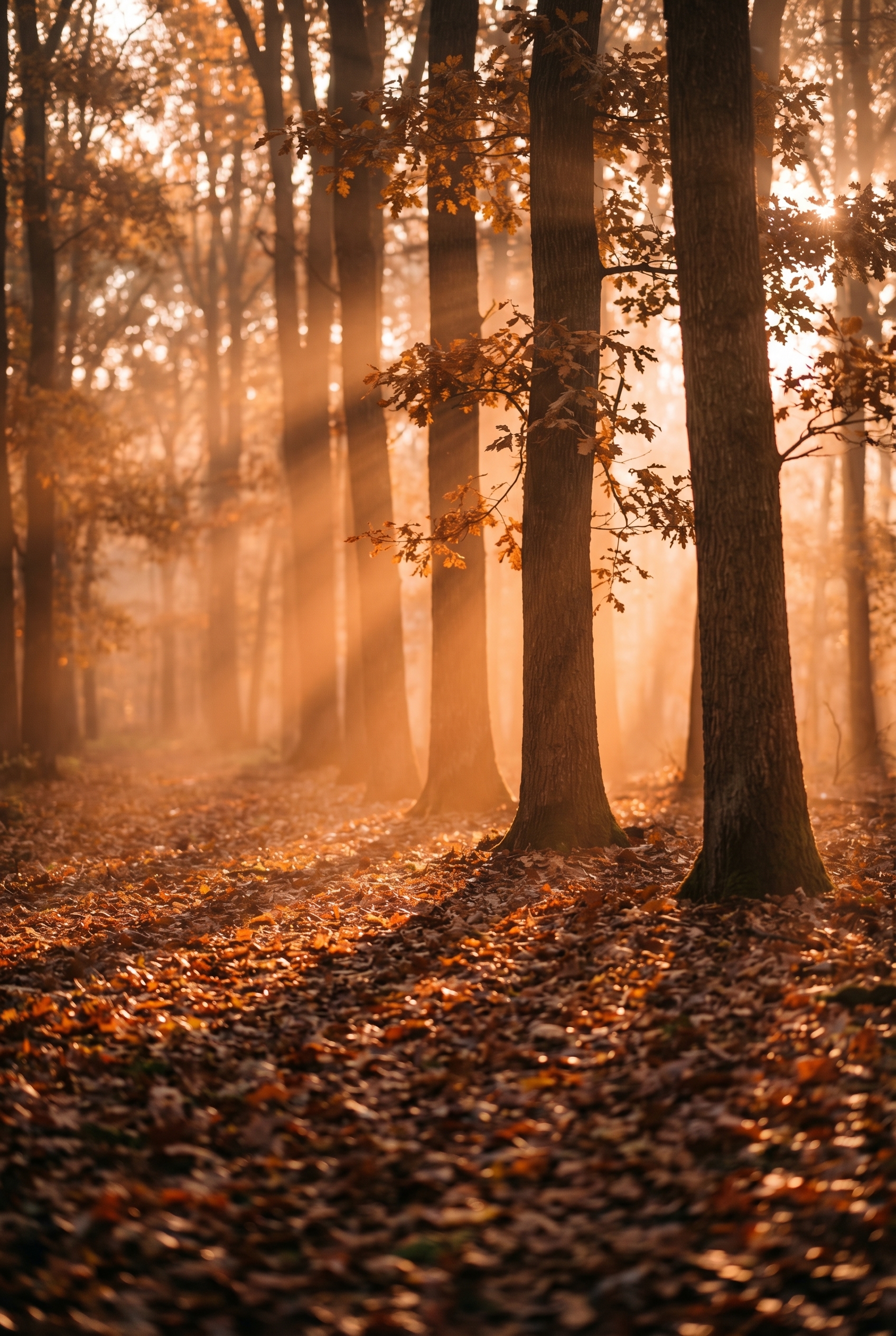 Sous-bois de chênes en automne sous une lumière dorée et brumeuse, illustrant l'art de photographier la nature.