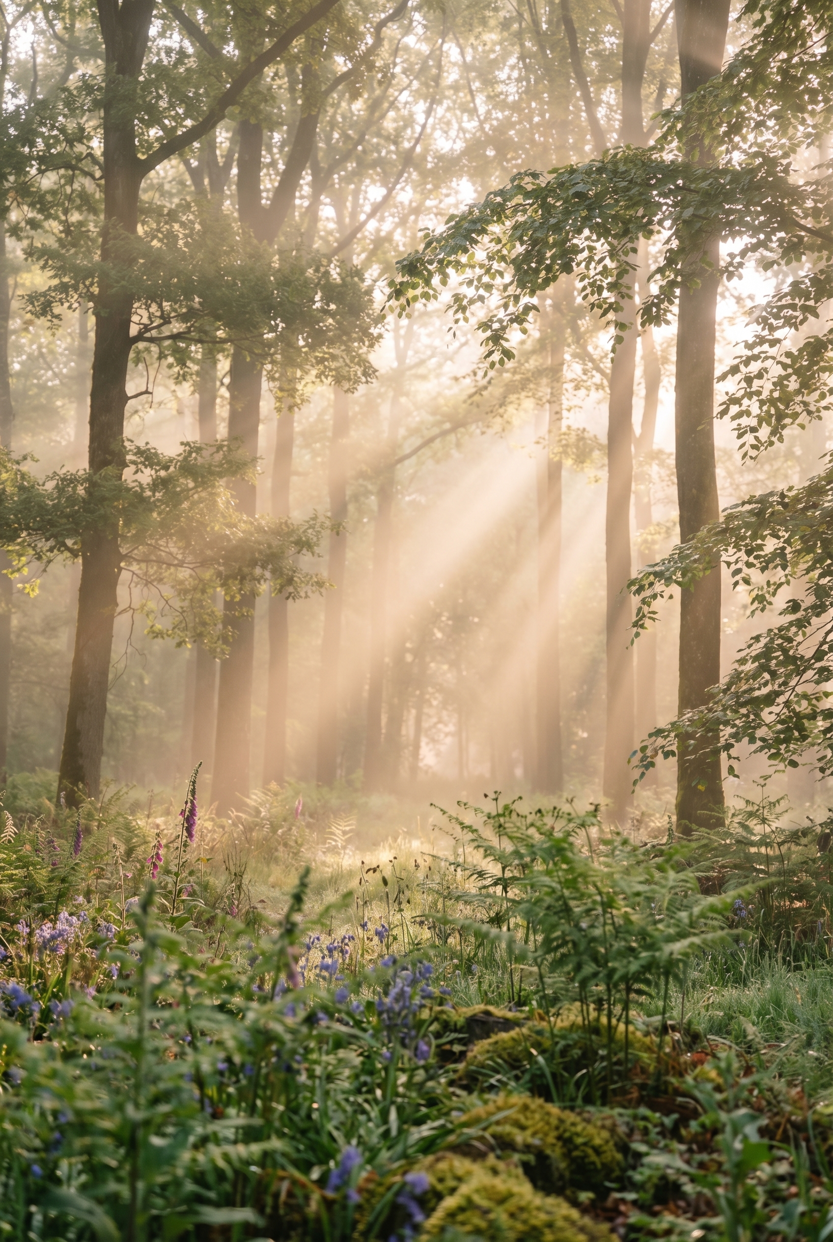 Une forêt de chênes et de hêtres dans la brume matinale avec des rayons de soleil dorés, illustrant l'art de photographier la nature.