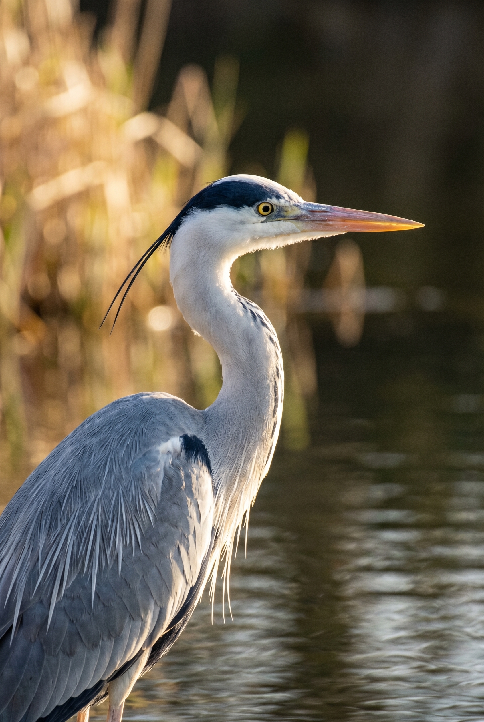 Un héron cendré immobile au bord d'une rivière en fin de journée, illustrant l'art de photographier la nature avec un téléobjectif.