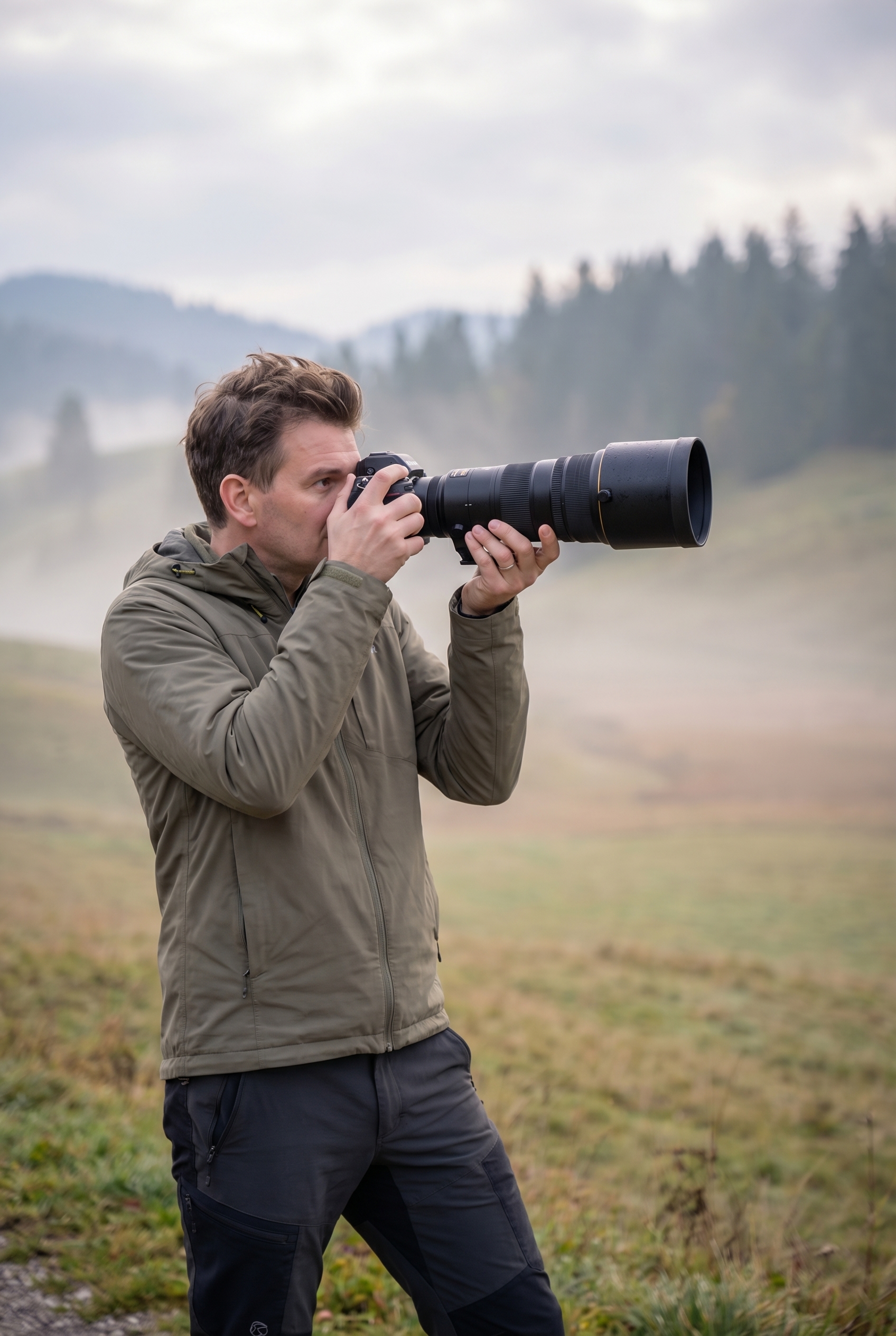 Un photographe de nature équipé d'un appareil reflex et d'un téléobjectif en montagne à l'aube pour illustrer l'art de photographier la nature.