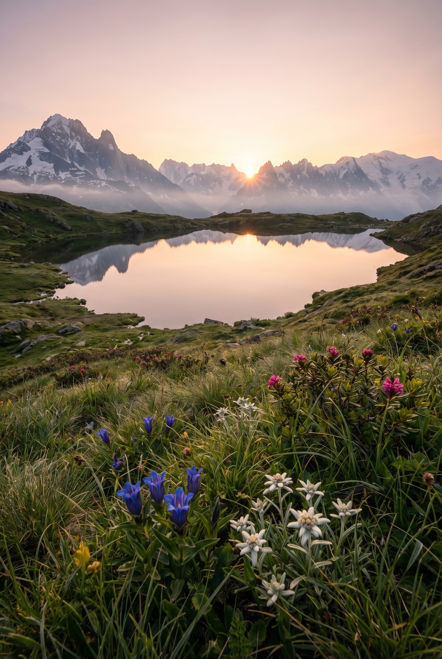 Photographie d'un paysage de montagne dans les Alpes avec des fleurs sauvages au premier plan pour apprendre à photographier la nature.