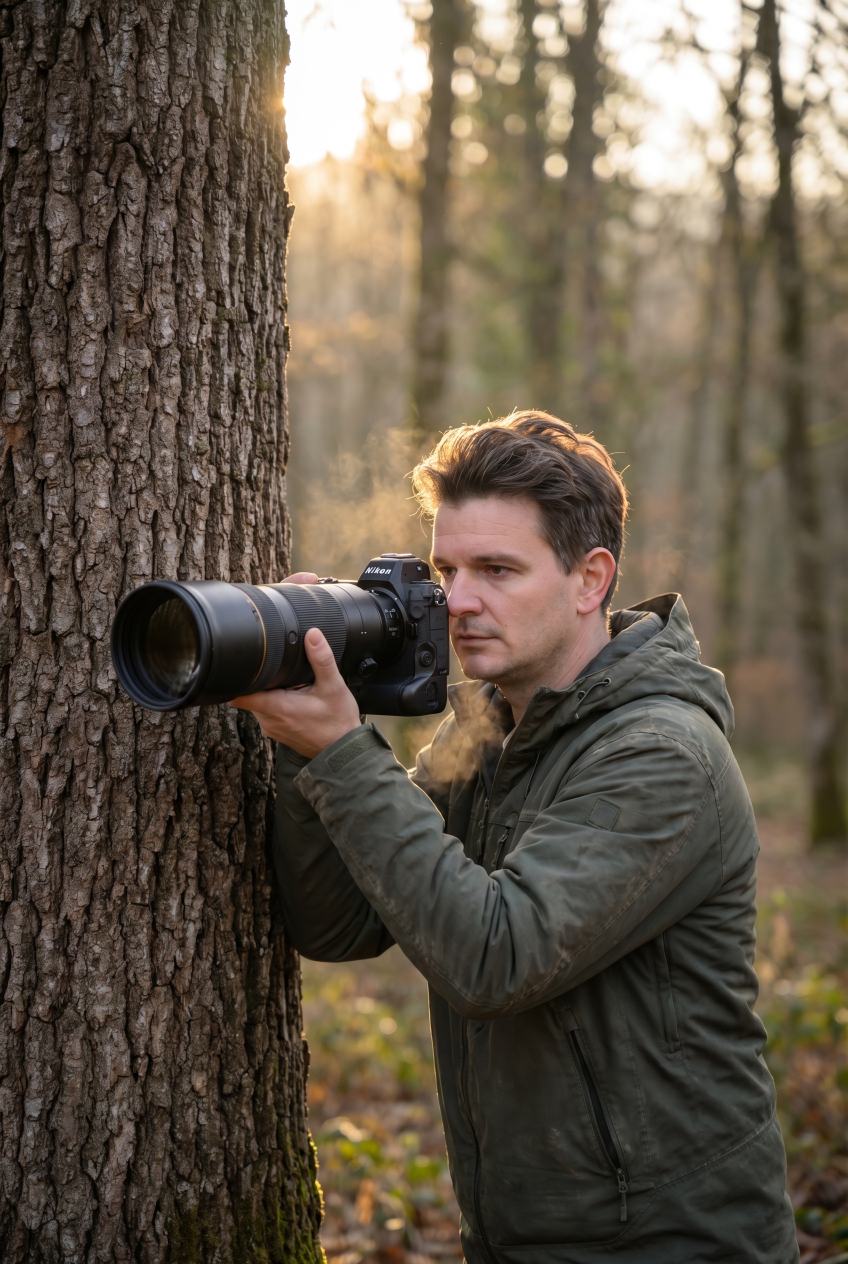 Un photographe de nature stabilisant son téléobjectif contre un tronc d'arbre en forêt à l'aube pour éviter le flou de bougé.