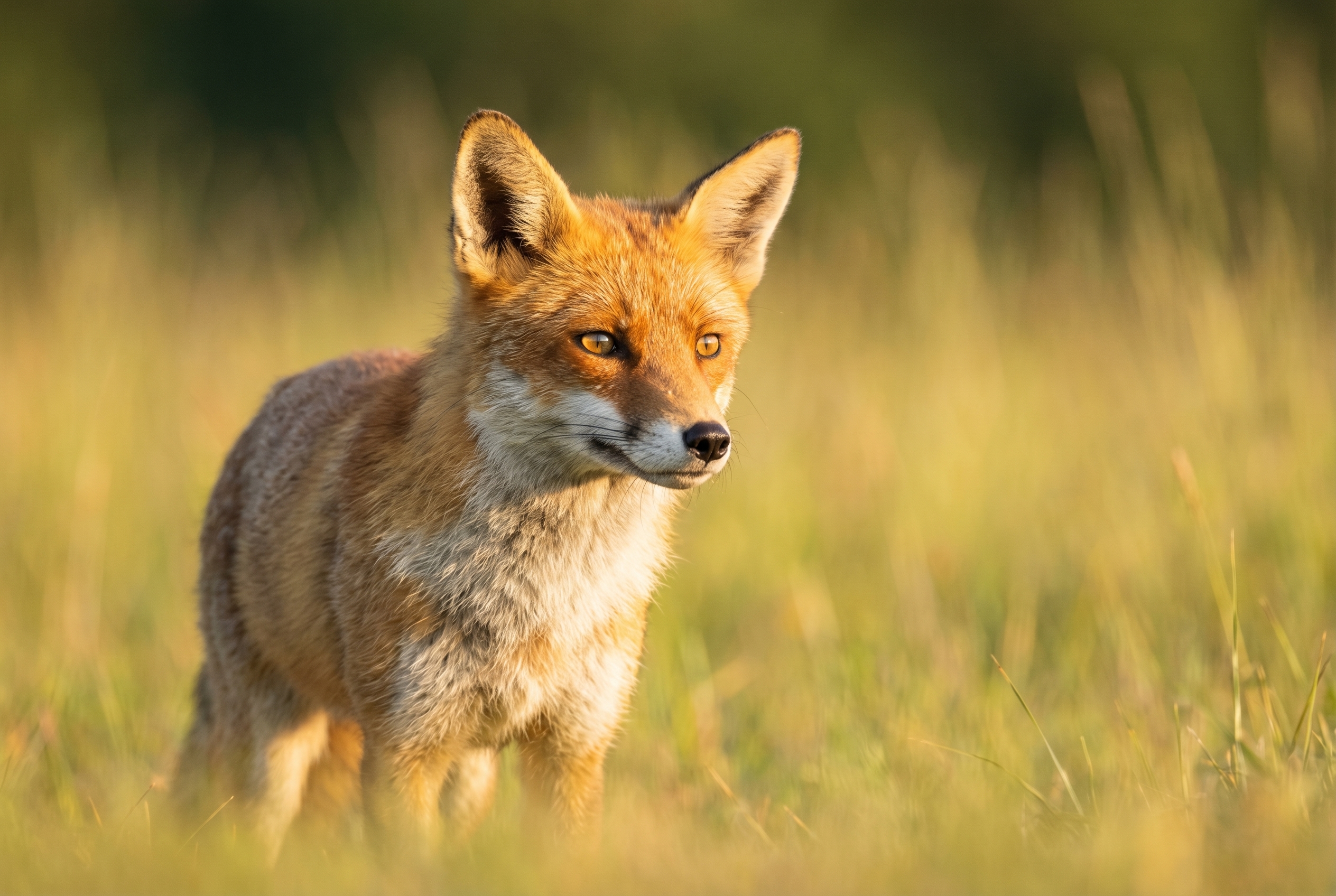 Un renard roux aux aguets dans une prairie dorée à l'aube, illustration pour apprendre à photographier le renard avec une mise au point sur l'œil.