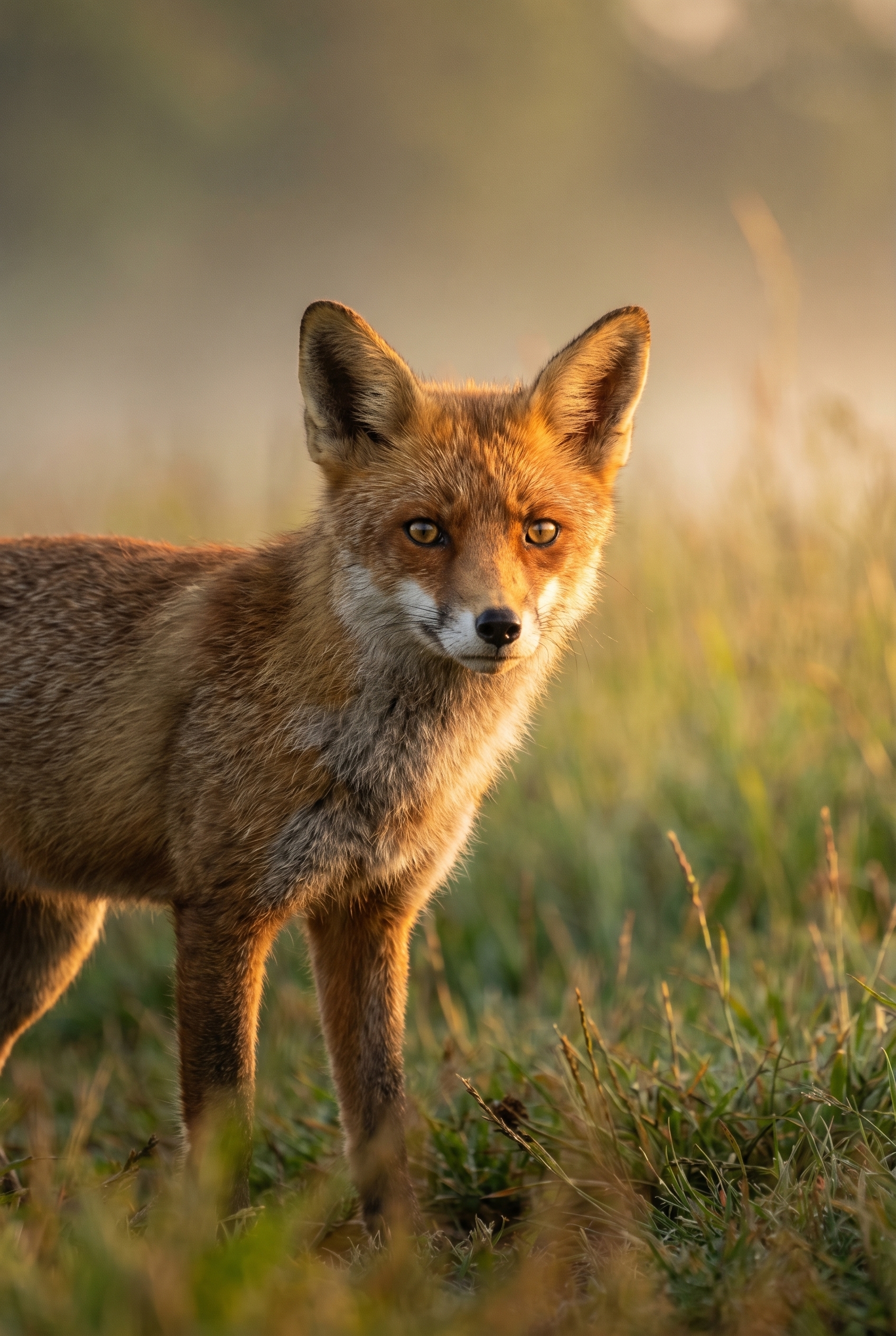 Un renard roux aux aguets dans une prairie brumeuse à l'heure dorée, illustrant comment photographier le renard avec une mise au point nette sur l'œil.