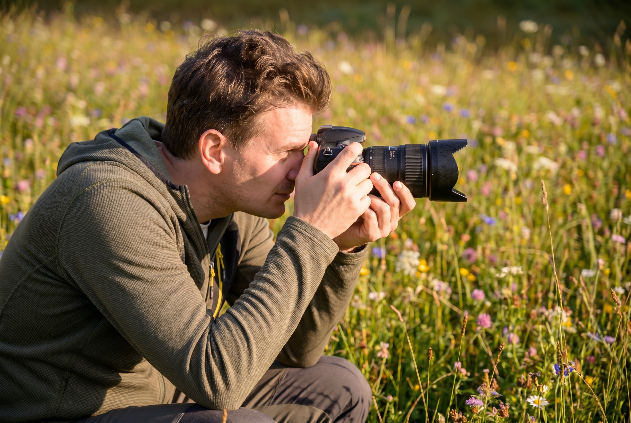 Un photographe naturaliste accroupi dans une prairie avec un objectif macro pour photographier les insectes à la lumière du matin.