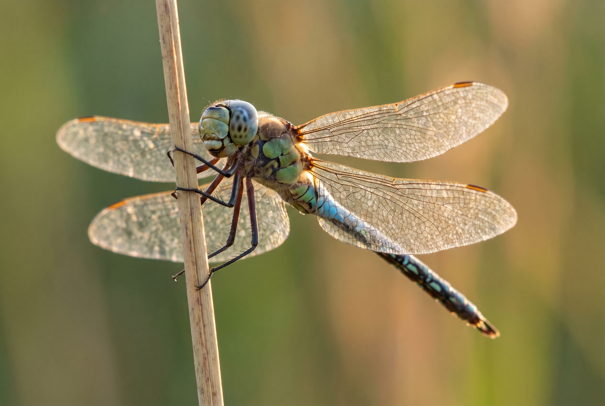 Gros plan macro d'une libellule Anax empereur bleue posée sur un roseau au lever du soleil, illustrant la méthode pour photographier les libellules de près.