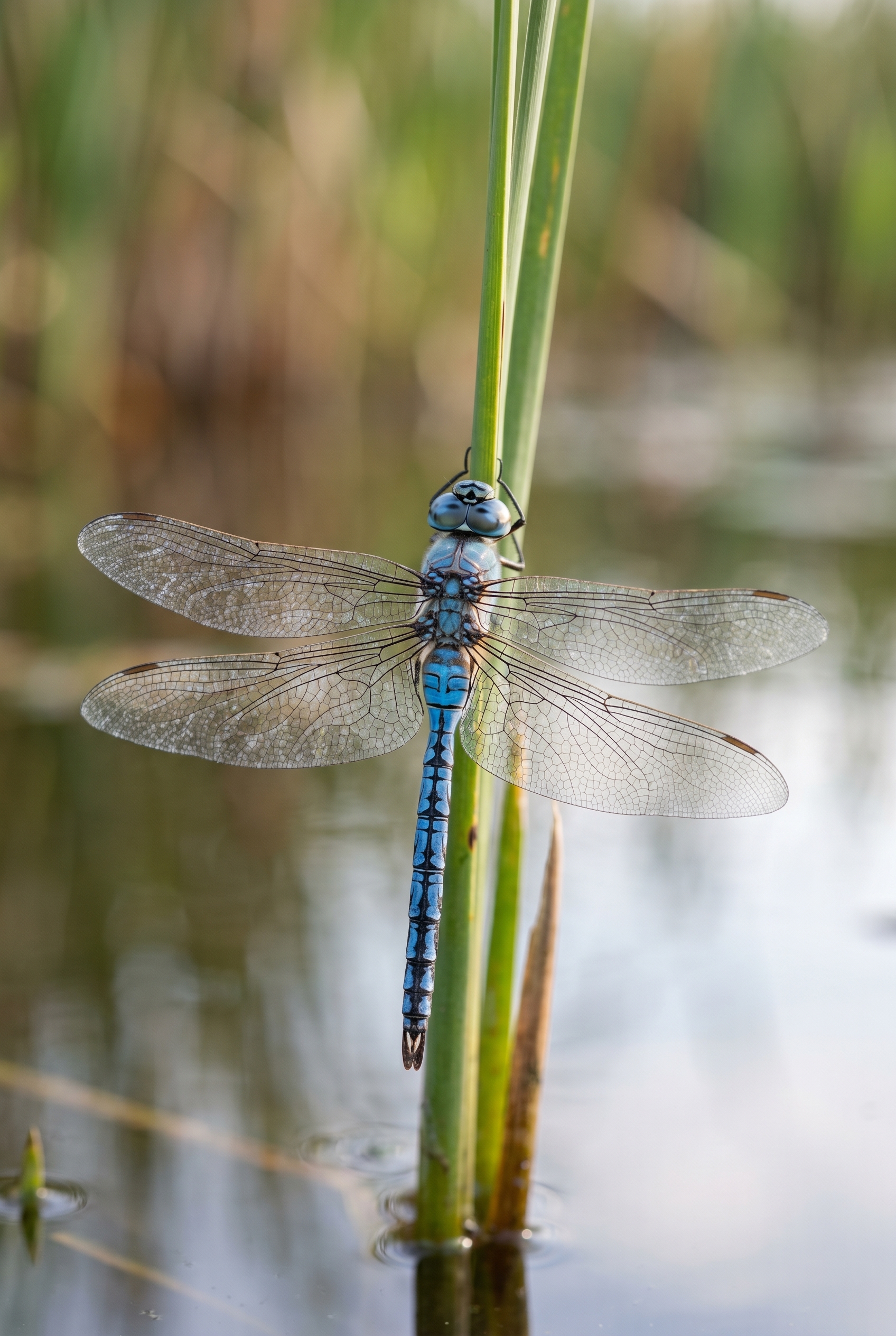 Gros plan d'une libellule Anax empereur posée sur un roseau, illustrant comment photographier les libellules avec une approche douce.