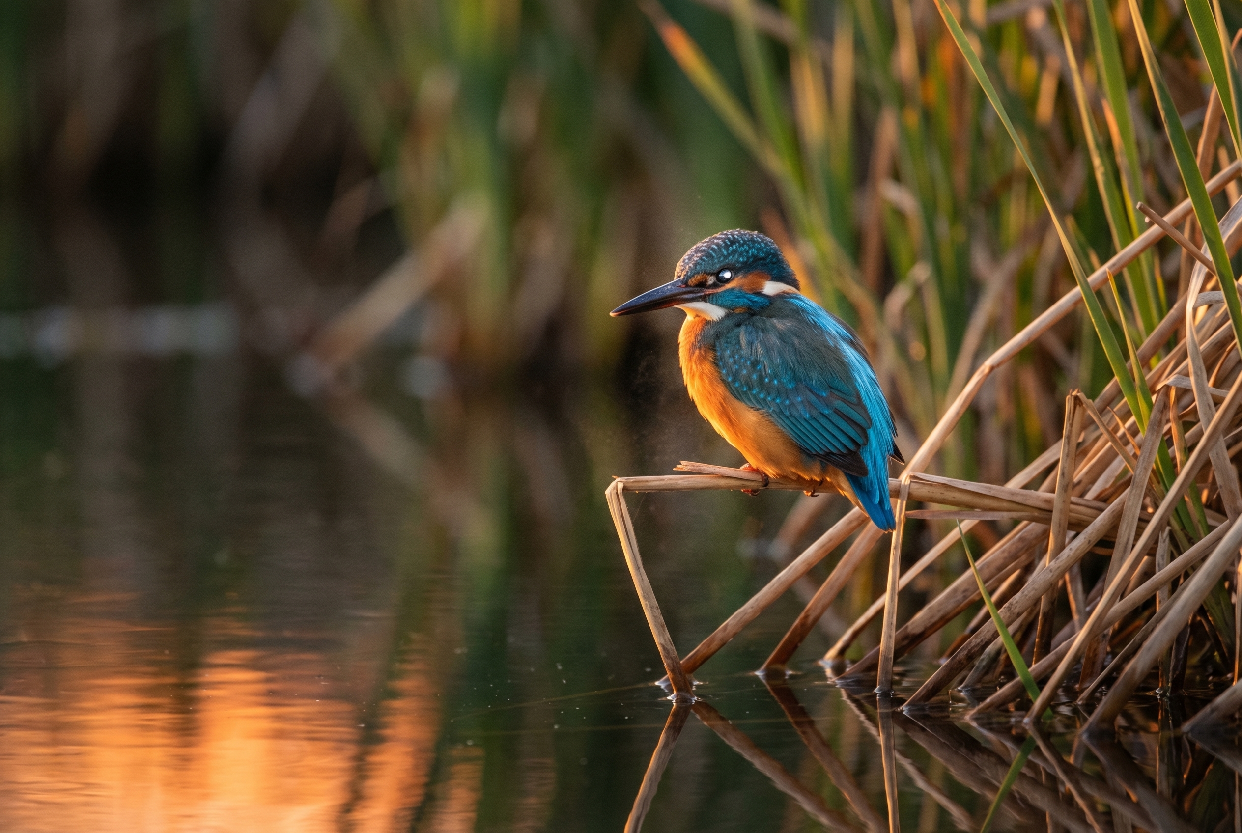 Martin-pêcheur d'Europe sur un roseau en Sologne à l'heure dorée, exemple concret pour apprendre à photographier la nature.