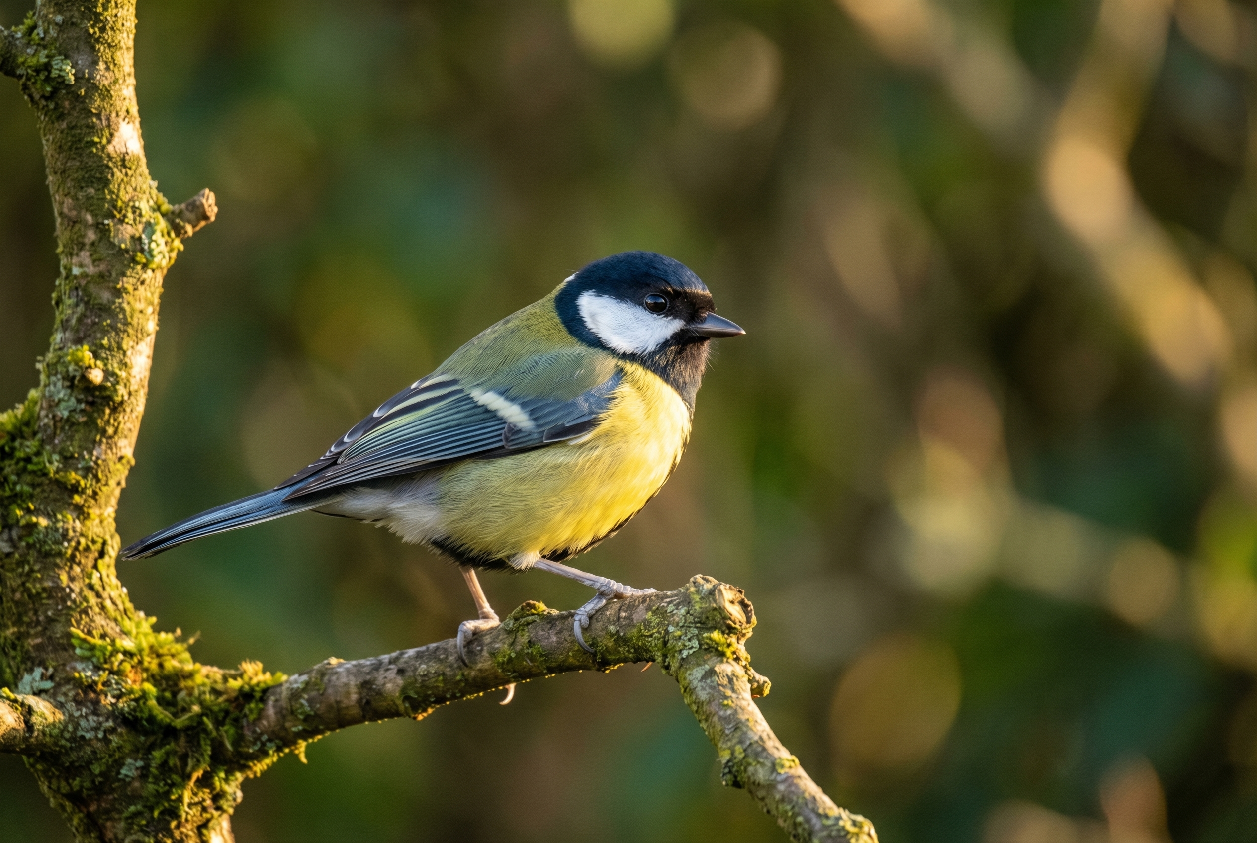 Comment photographier des oiseaux : le guide complet 22 Une mésange charbonnière perchée sur une branche moussue, illustrant comment photographier des oiseaux avec une mise au point nette sur l'œil.