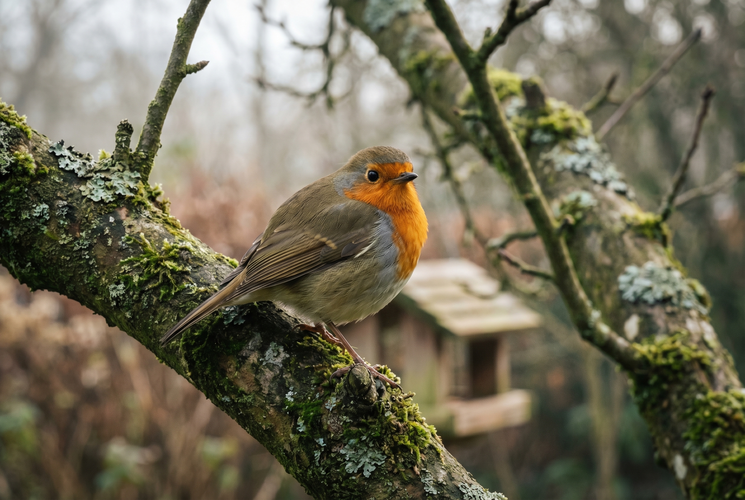 Comment photographier des oiseaux : le guide complet 24 Un rouge-gorge familier posé sur une branche moussue dans un jardin, illustrant comment photographier des oiseaux avec une mise au point nette sur l'œil.