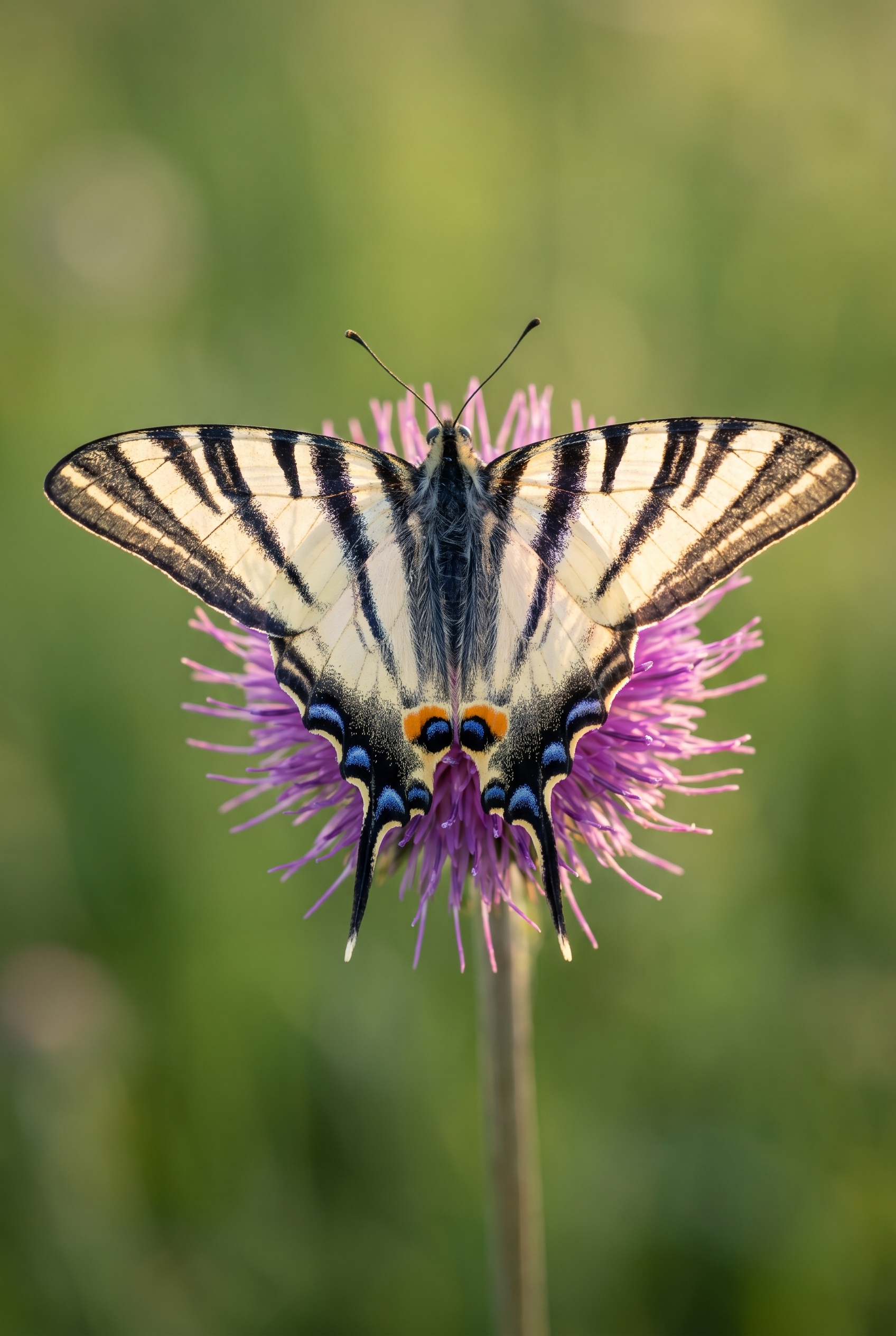 Macro d'un papillon Flambé aux ailes ouvertes sur un chardon violet, illustrant la technique pour photographier les papillons avec une netteté parfaite.