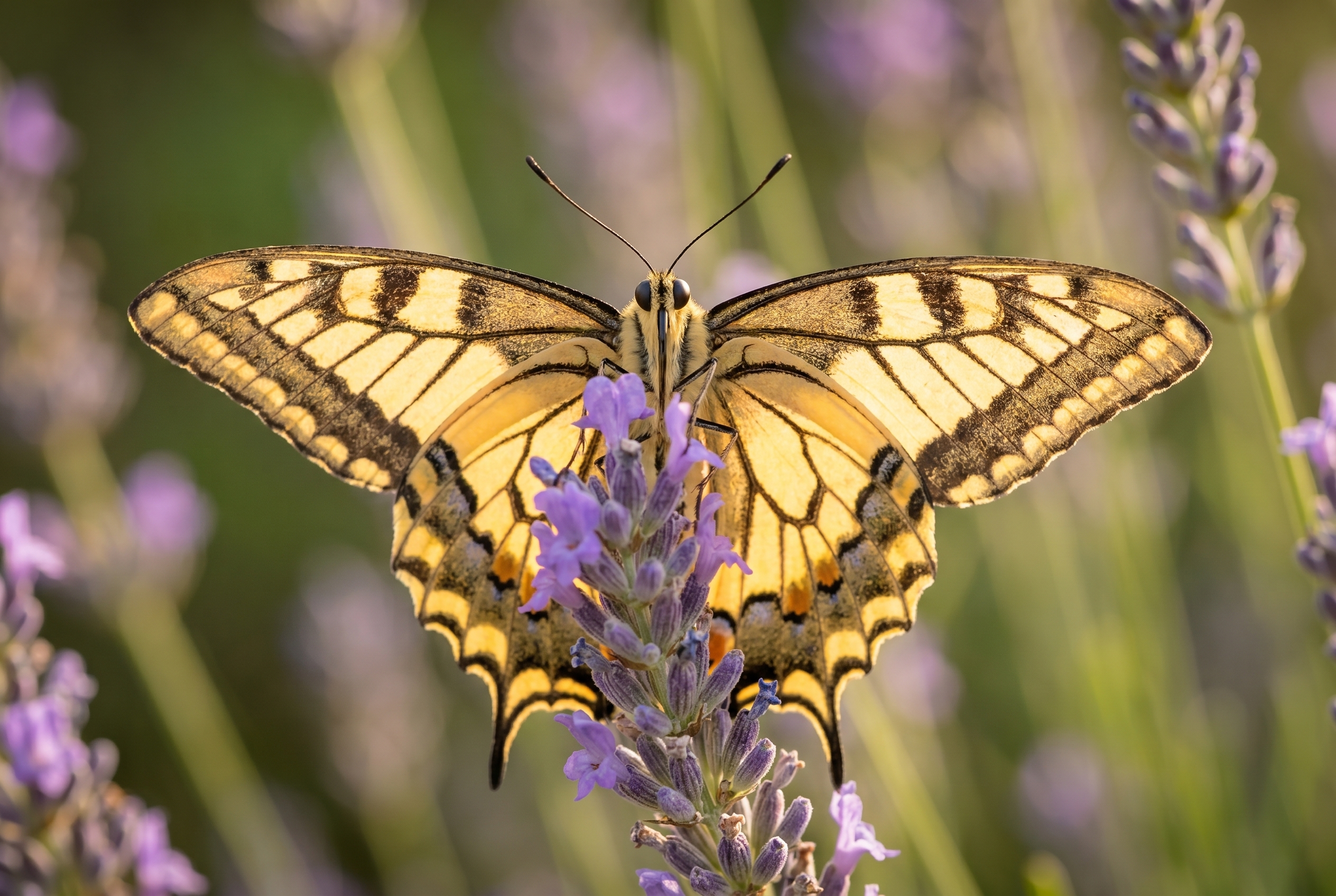 Un papillon Machaon aux ailes ouvertes sur une fleur de lavande en Provence, illustrant la technique pour photographier les papillons avec une netteté optimale.